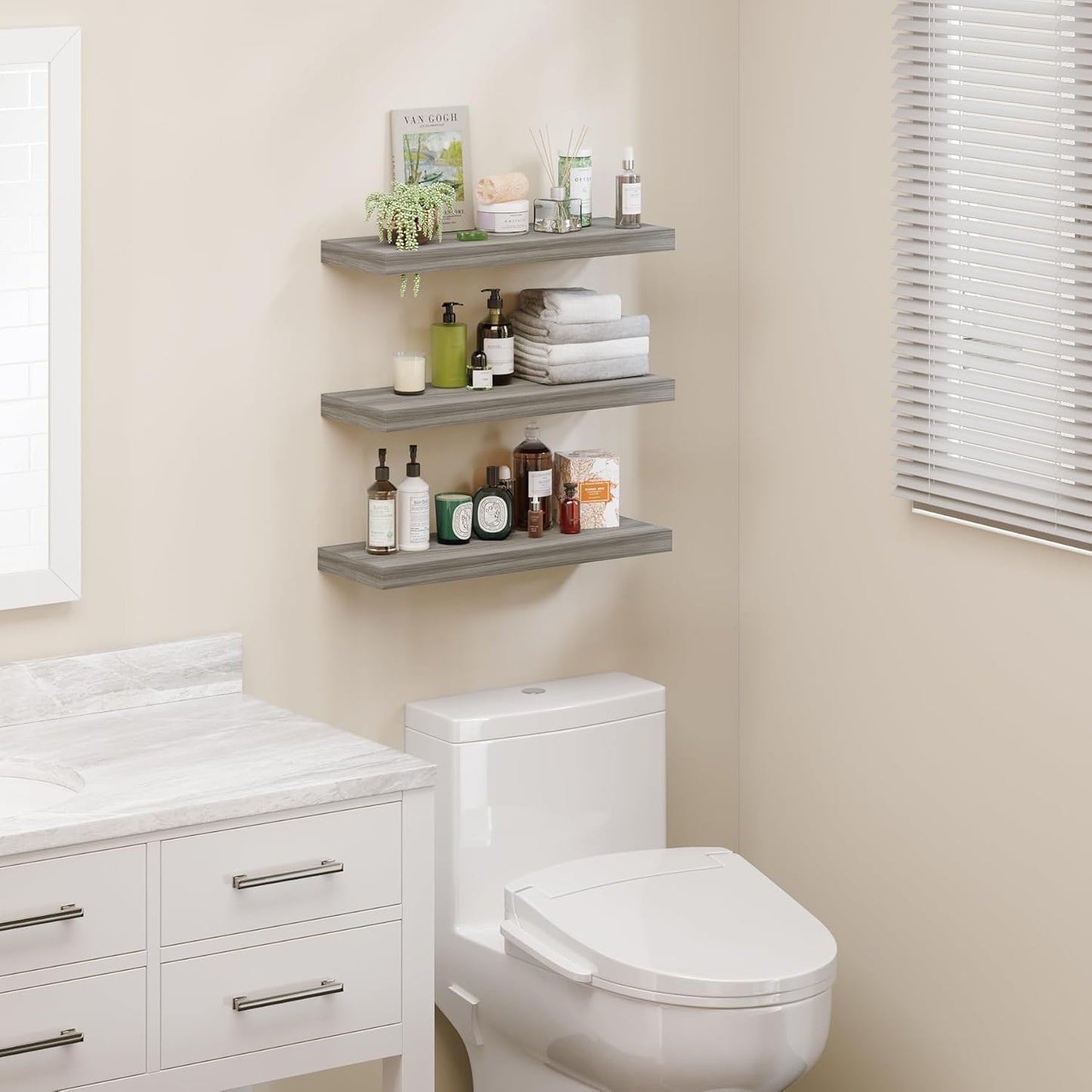 BAMEOS Floating Shelf,Wall Shelf,Decor Wall Mounted Shelves,Hanging Shelf Set of 3,L24xW6 for Bathroom Kitchen Living,Kitchen,Room Bedroom Storage,Walnut