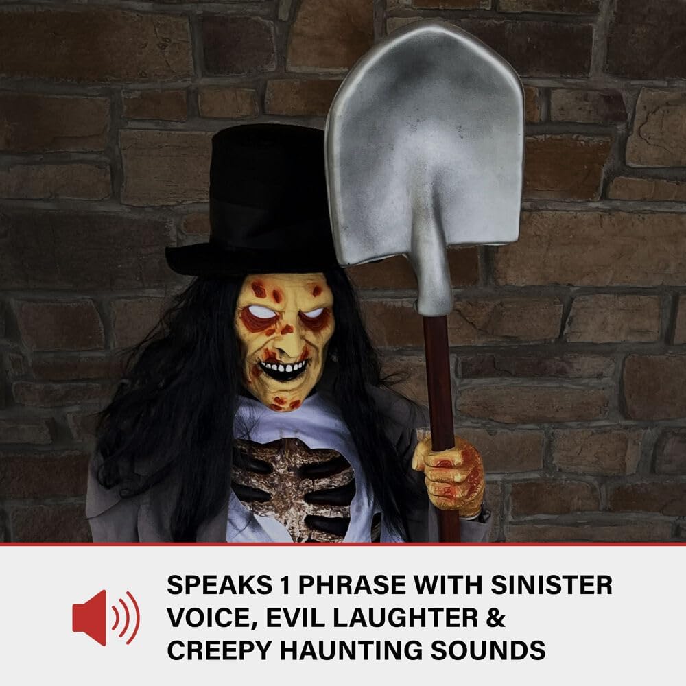 Haunted Hill Farm Motion-Activated Crouching Grave Digger by Tekky, Talking Halloween Animatronic for Indoor or Covered Outdoor Creepy Halloween Decorations, Plug-in or Battery Operated Fright Props