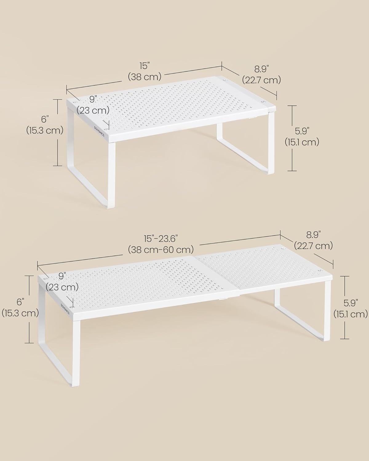 SONGMICS Spice Rack, Expandable Kitchen Countertop Shelf, Small Cupboard Organizer, Metal, Space-Saving Tabletop Shelf, Matte White UKCS007W01