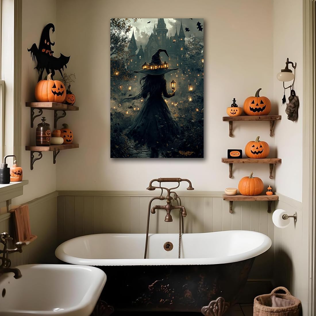 Halloween Witch and Haunted House Canvas Wall Art,Dark Academia Scary Witch Castle Posters Prints,Thriller Horror Gothic Wall Decor Pictures for Halloween Party House Decoration,20"x30" Unframed