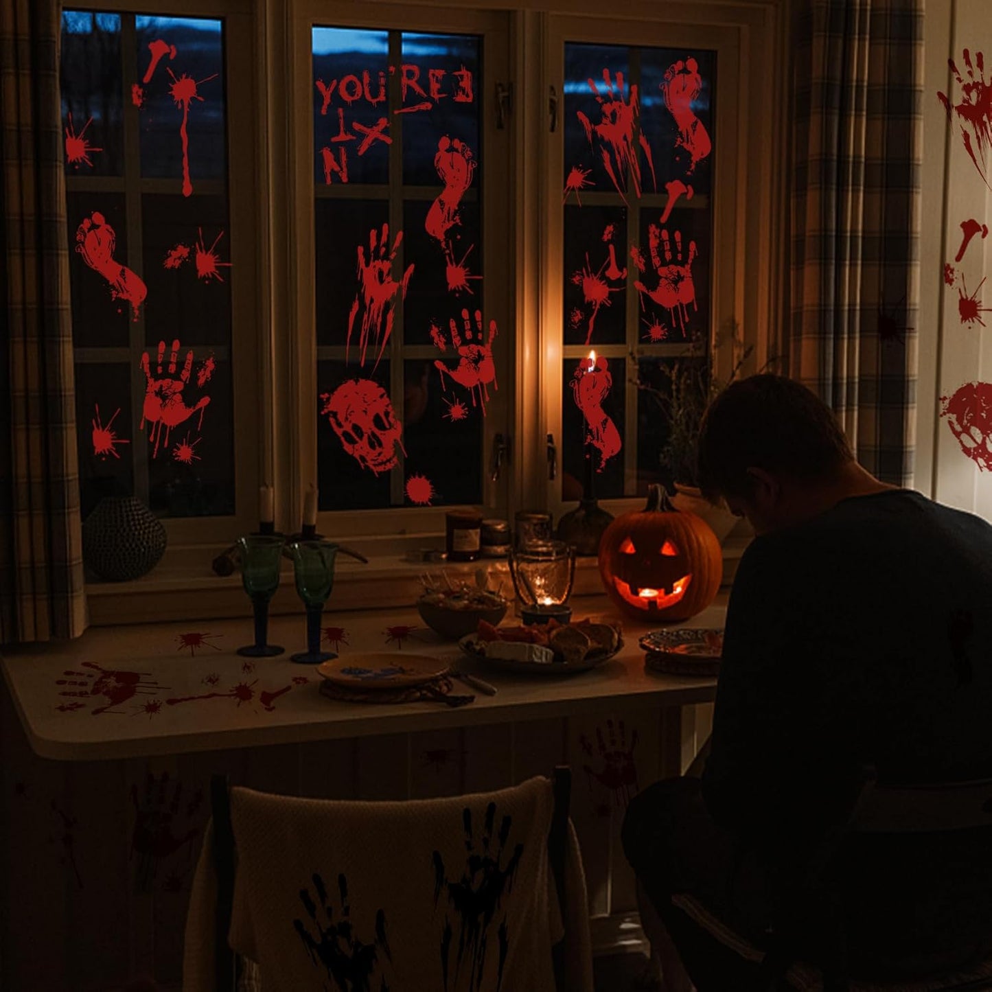 Halloween Decorations-10 Sheets Halloweens Window Clings-Scary Bloody Handprint Skullprint Footprint Window Stickers Decals for Window Floor Glass Bathroom Indoor Outdoor Party Decor