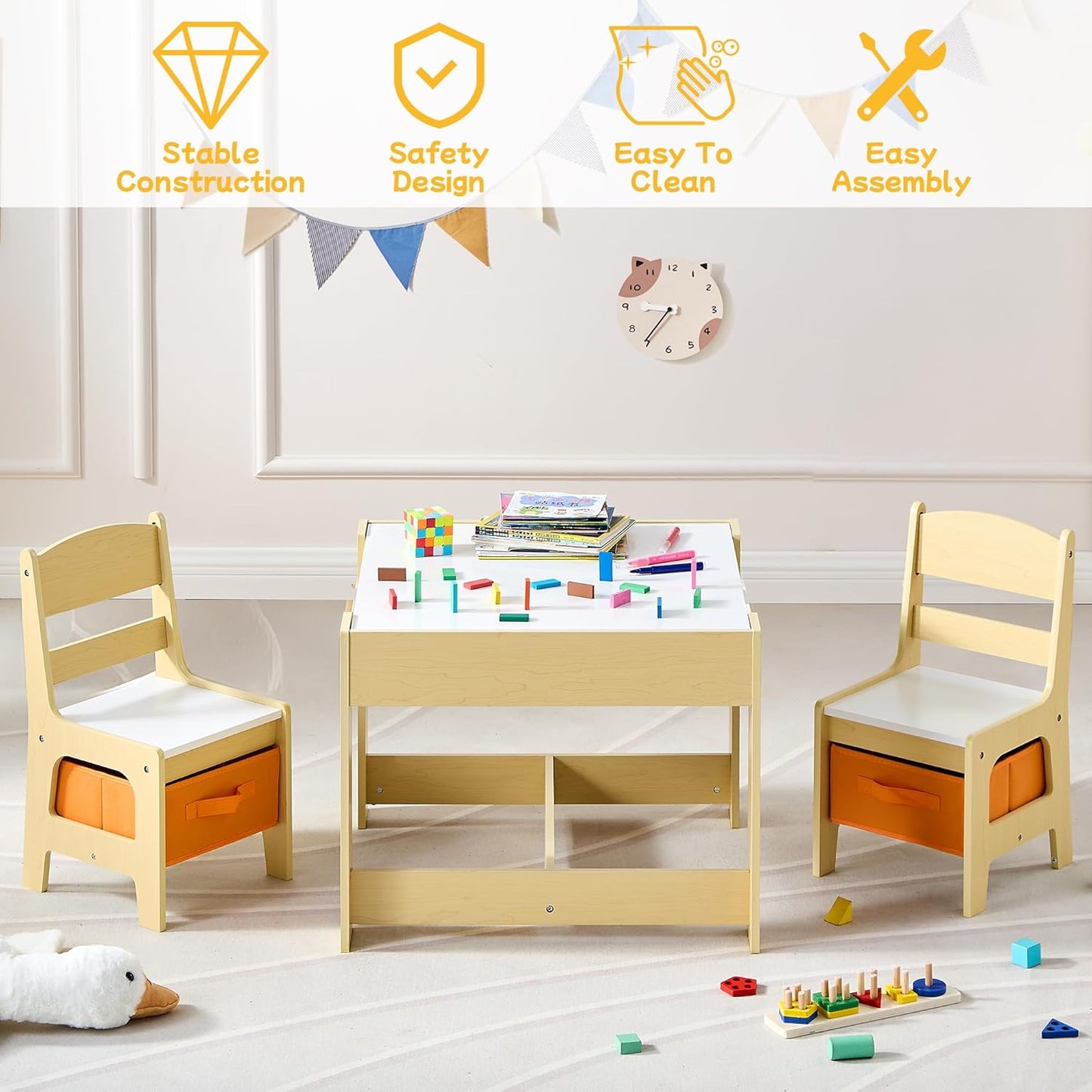 Kids Table and Chair Set, 3 in 1 Wooden Activity Table with Detachable Tabletop, Toddler Table and Chair Set with Storage Drawer, Kids Play Table for Children Art, Craft, Eating, Learning