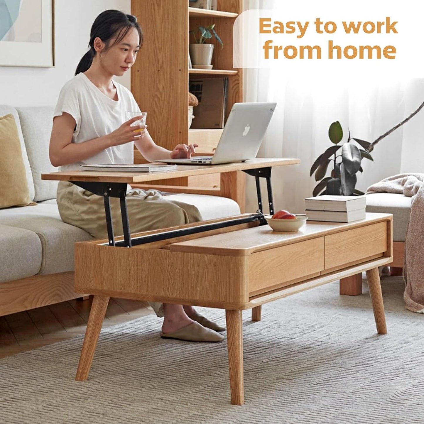 100% Solid Wood Lift Top Coffee Table for Living Room, Mid Century Modern Tables with Drawers and Large Storage, Oak Coffee Tables for Small Spaces (Oak Wood Log, 47.24" W x 23.62" D x 25.59" H)