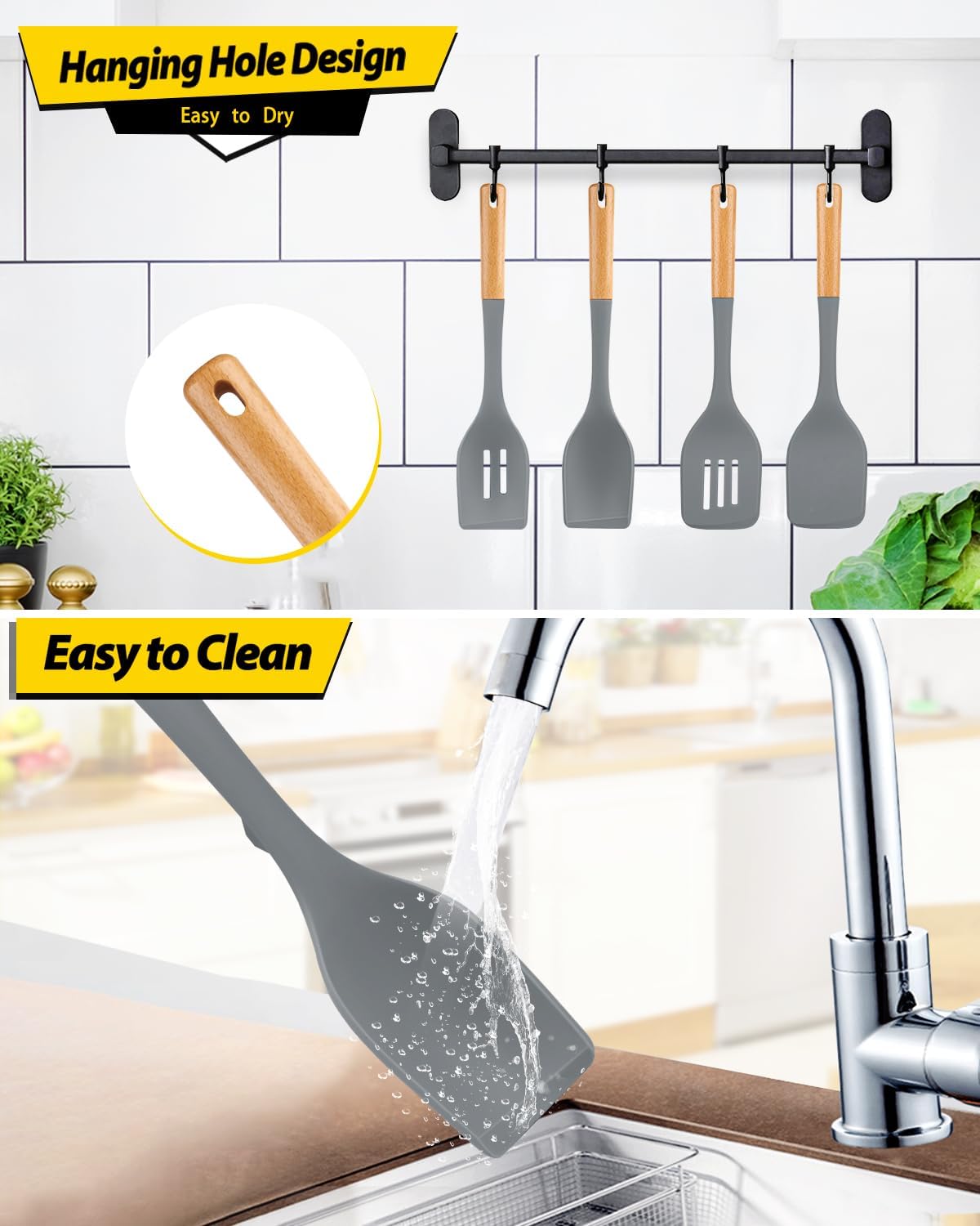 Pack of 4 Silicone Kitchen Utensils Set, Non Stick Solid Spatulas and Heat Resistant Slotted Spoons with Wooden Handle, Ideal BPA Free Cooking Utensils for Mixing,Serving,Turning,Stirring(GRAY)