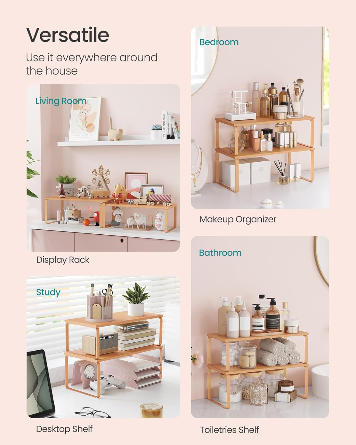 SONGMICS Cabinet Organizer Shelf, Set of 2 Kitchen Counter Shelves, Kitchen Storage, Spice Rack, Stackable, Expandable, Metal and Engineered Wood, Apricot UKCS200Y01