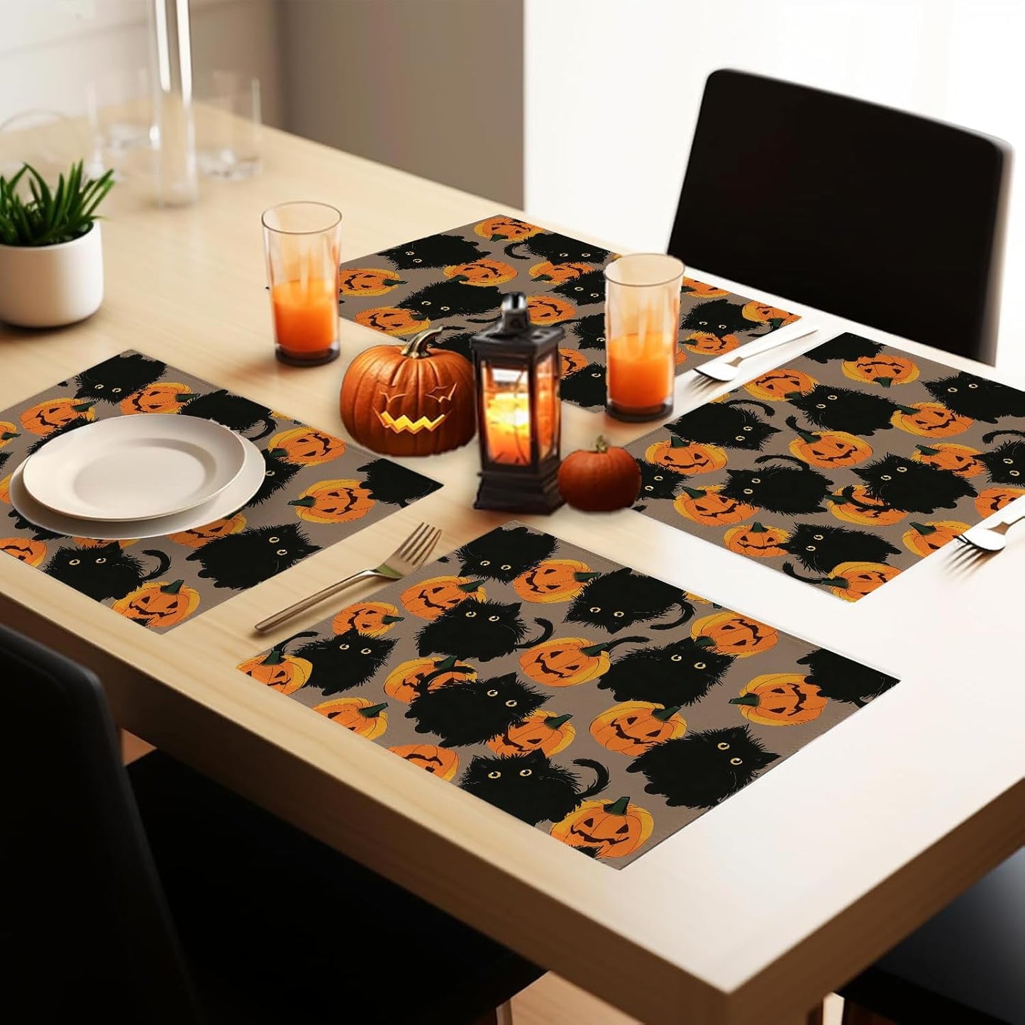 Halloween Placemats Cat Pumpkin Set of 4 Table Mats Seasonal Cute Home Party Kitchen Dining Table Decorations