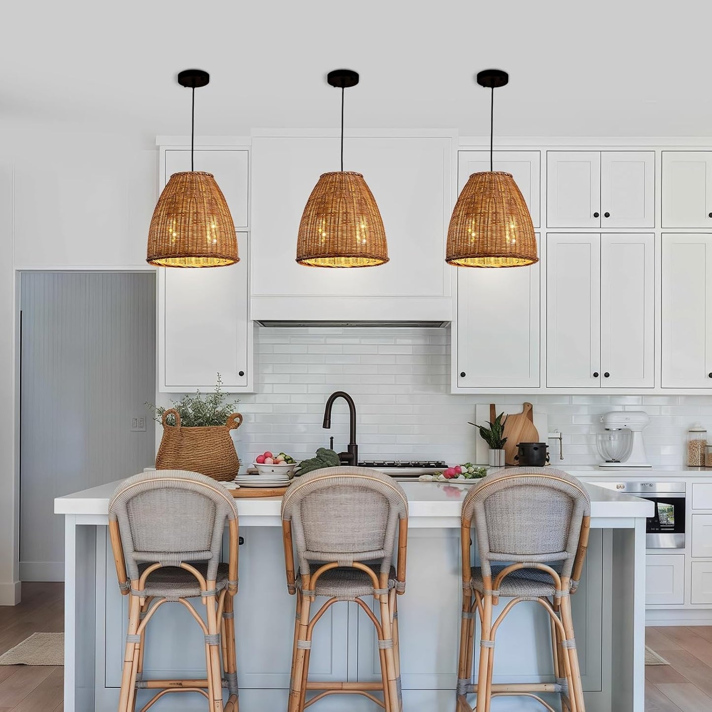 2-Light Dark Curry Rattan Pendant Light,13.77" Rustic Hanging Light,Brown Wicker Pendant Light Hand-Woven Rattan Chandelier for Public Place Dining Living Bedroom Kitchen Farmhouse