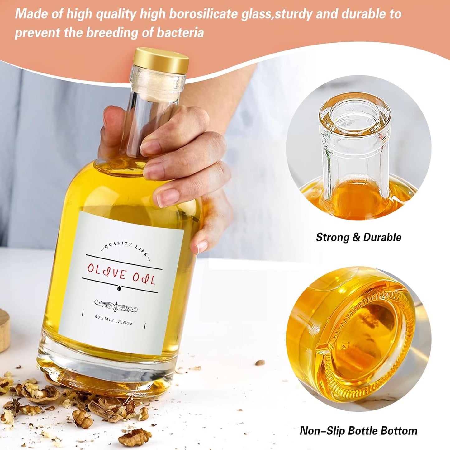 Olive Oil Dispenser Bottle for Kitchen, Clear Glass Oil and Vinegar Dispenser Set, Coffee Syrup Dispenser, Container With Metal Pour Spout, Airtight Lid, Funnel, Waterproof Labels (375ml-2 Pack)