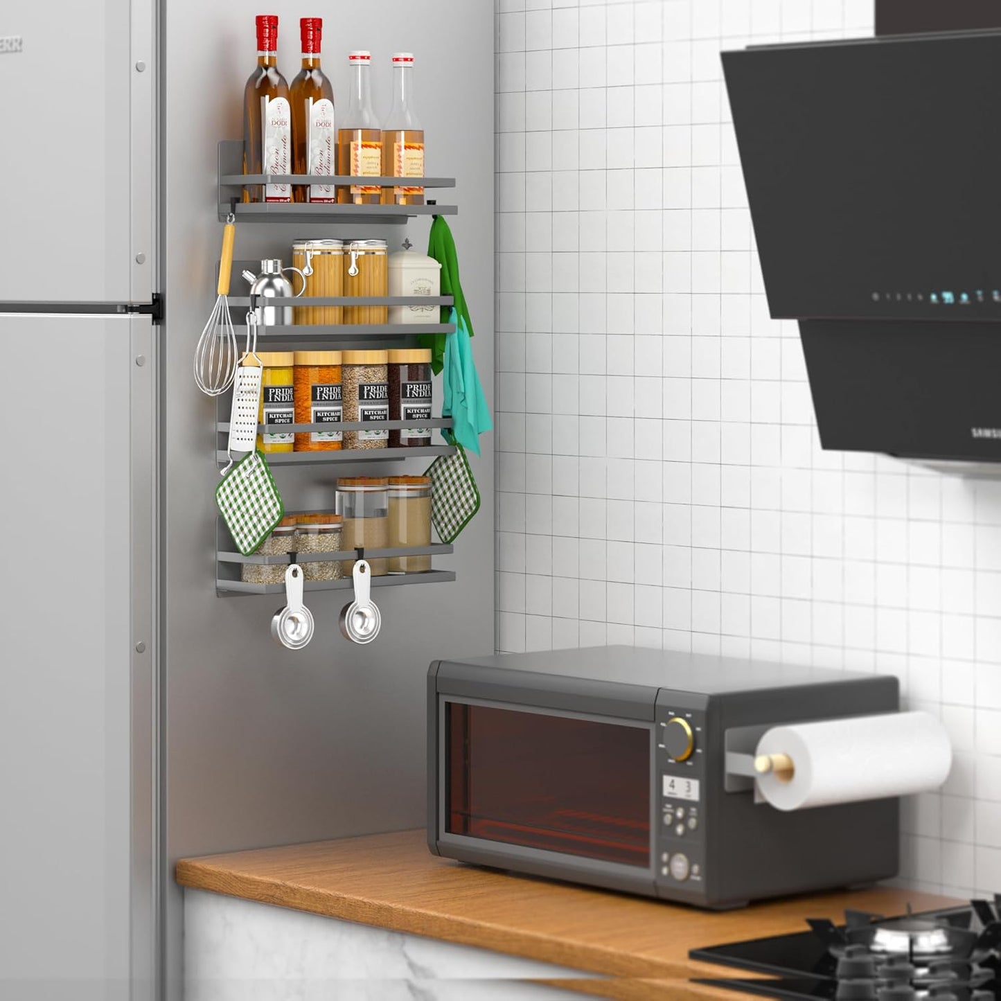 Magnetic Spice Rack for Refrigerator Moveable Magnetic Shelf Organizer Kitchen Seasoning Jars Storage Rack Fridge Magnet Organizer,Grey,4 Packs