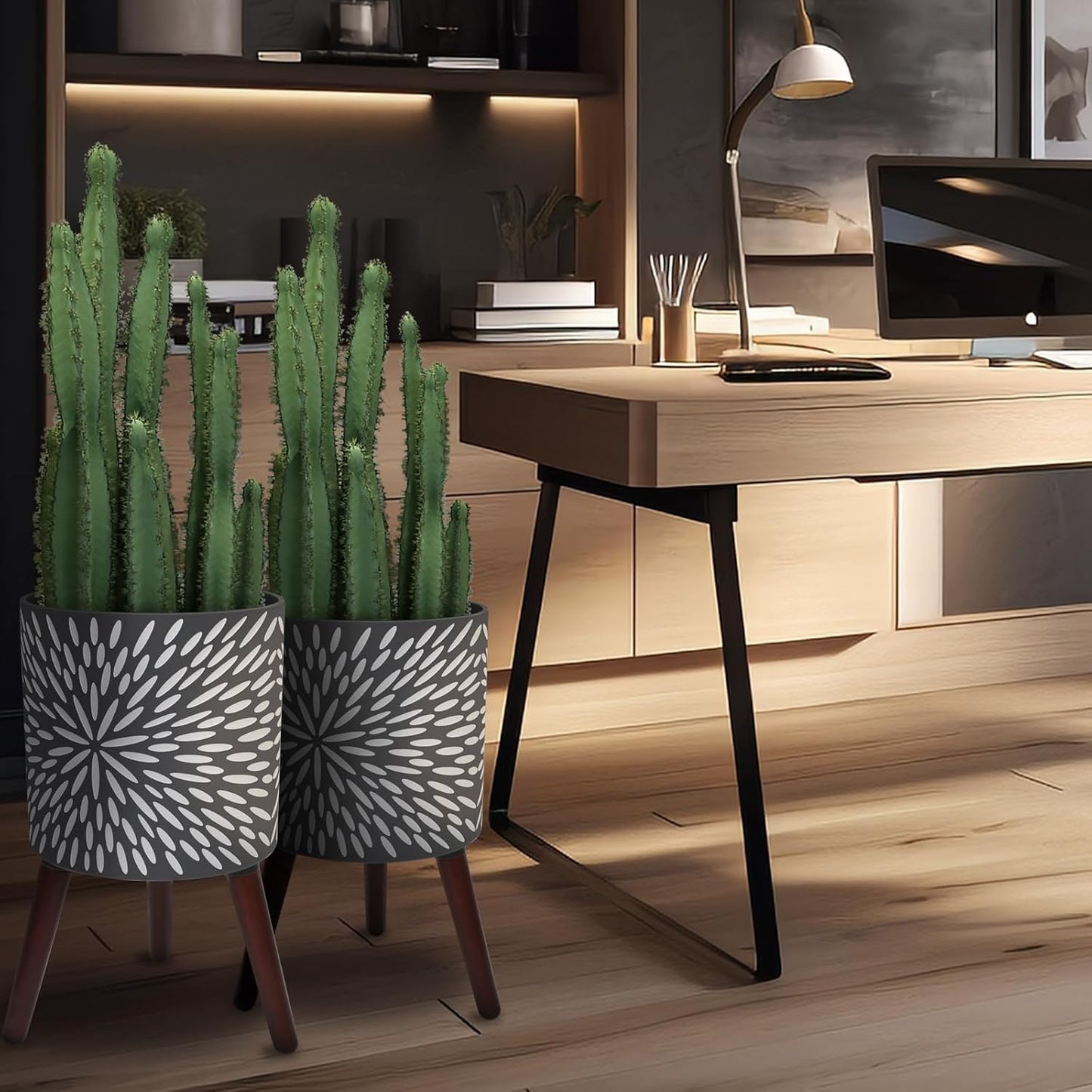 10 & 12 Inches Plant Pot with Stand Set of 2, Large Matte Gray Modern Planters for Indoor Outdoor Plants with Drainage Holes, Big Flower Pots with Wood Legs