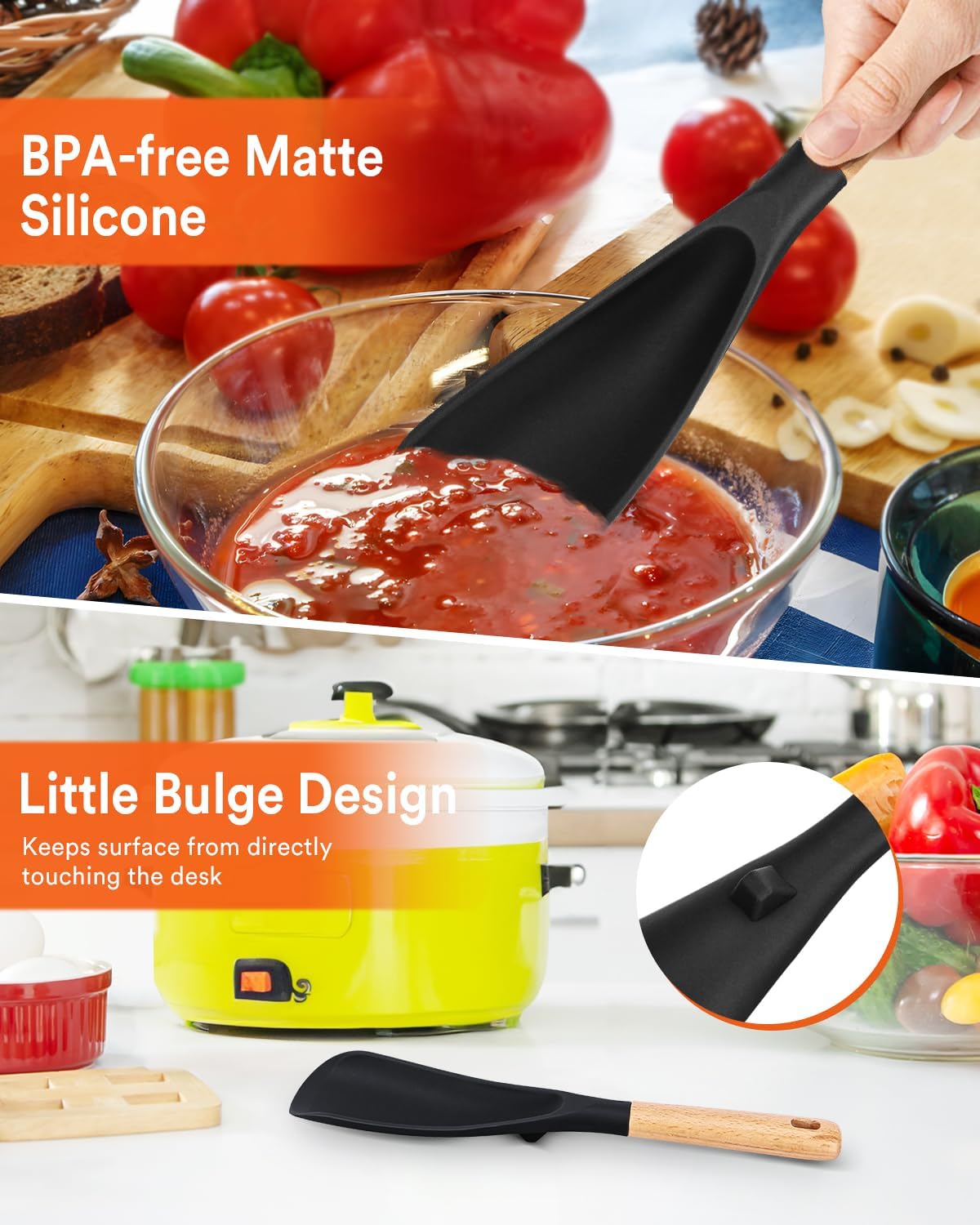 Cooking Spoon and Scraper for Nonstick Cookwares, Great for Cooking and Serving Durable BPA-Free Matte Silicone, Wood Handle Multifunction Spoon for Mixing, Scoop, and Scrape (BLACK)