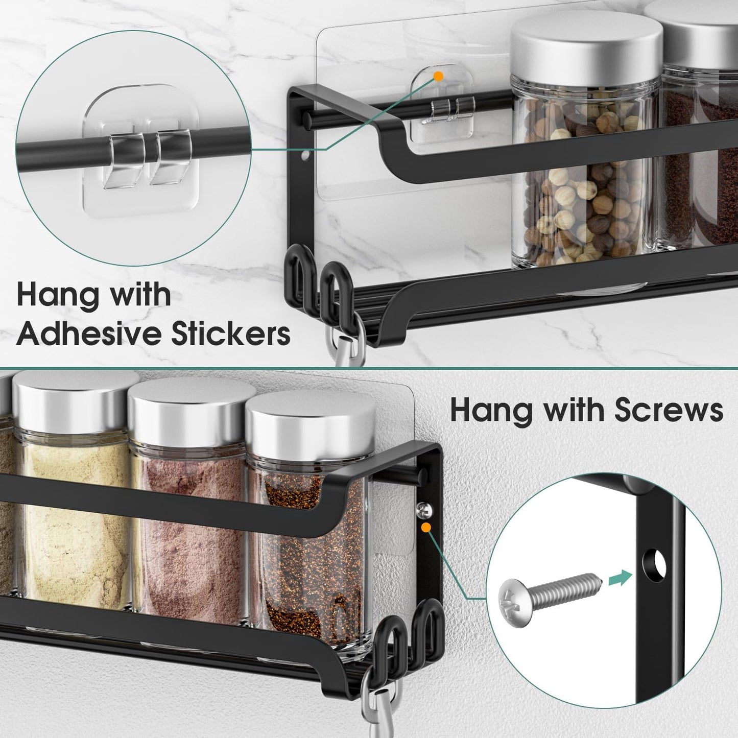 LUCYCAZ 6 Pack Wall Mounted Spice Rack with 22 Hooks, Spice Organizer Shelf for Stove Cabinet Pantry Door,Screw or Adhesive Spice Shelf Hanging Wall Spice Rack in Kitchen and RV (Black, 6 PACK)