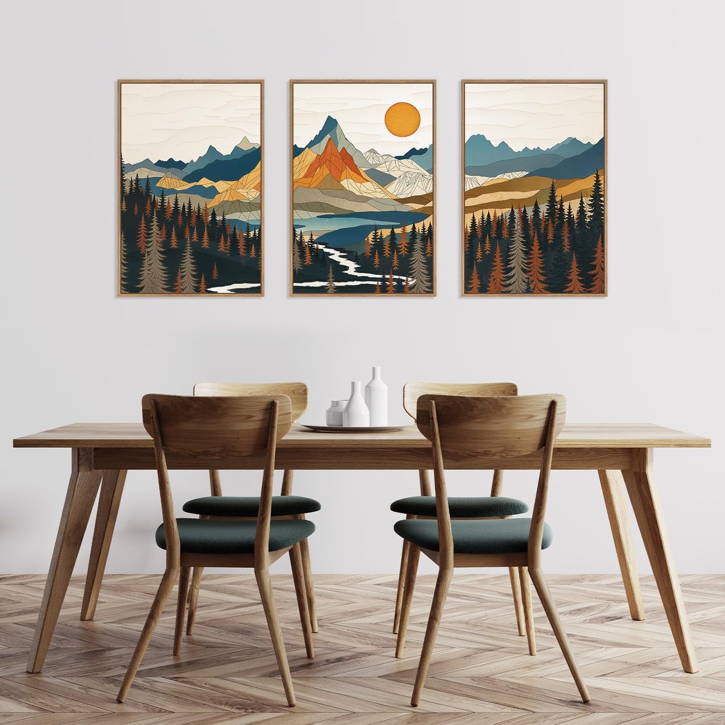 HLNIUC Large Sunset Mountain Framed Wall Art,Boho Forest Pine Tree Canvas Wall Decor Set of 3(16”X24”) Blue and Orange Landscape Art Print,Colorful Mountain Lake Wall Painting for Living Room,Bedroom