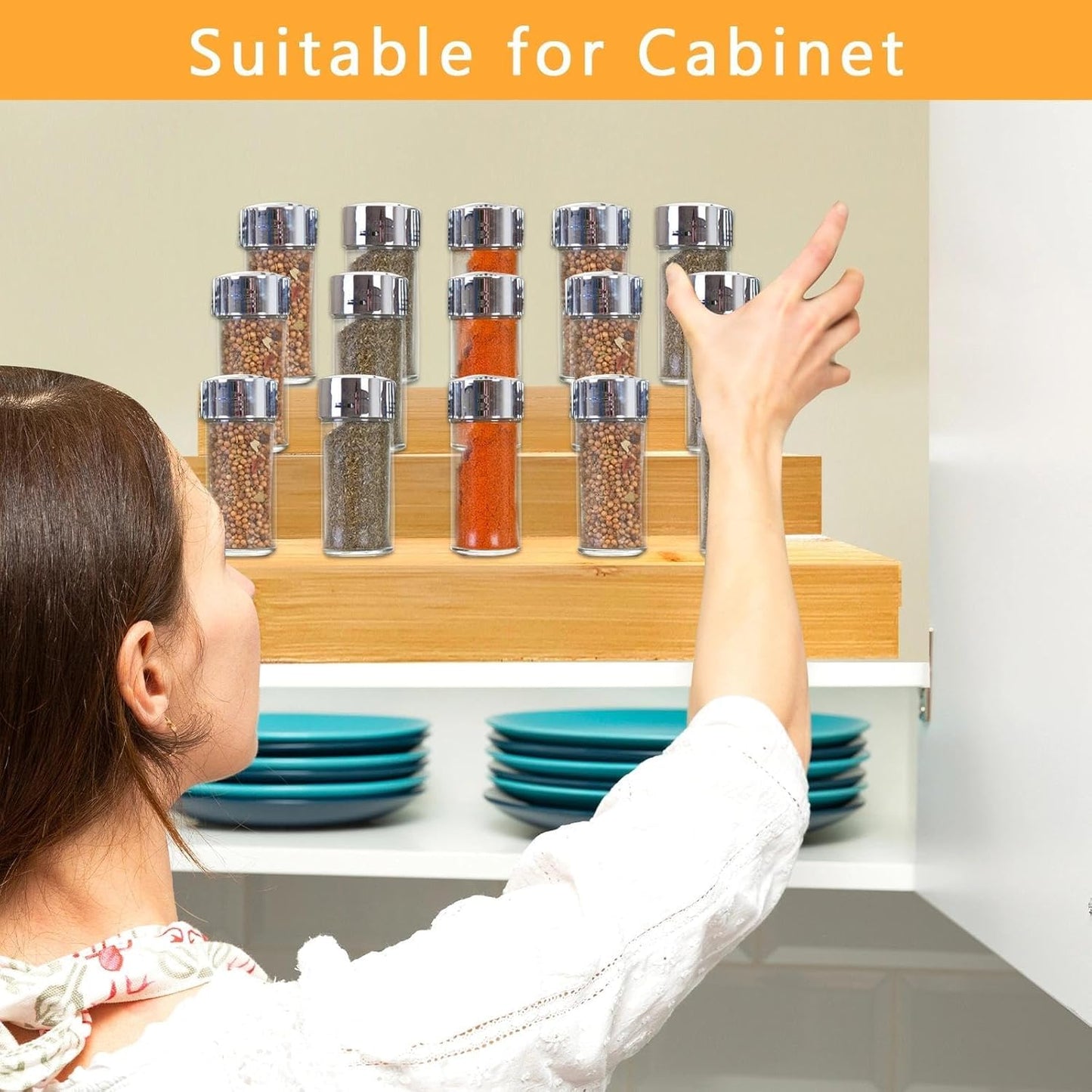 Spice Rack Organizer for Cabinet - Bamboo Spice Shelf, 3 Tier Seasoning Organizer for Countertop, Kitchen, Pantry 2 Pack