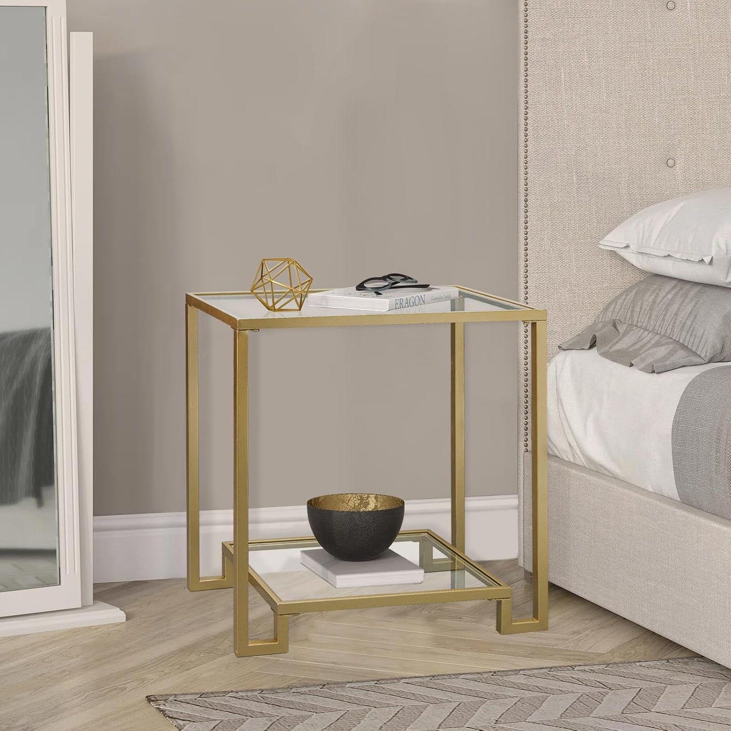 2 Tier Rectangular Side Table, Gold End Table with Glass Top, Modern Metal Clear Coffee Table,Small Accent Table for Living Room, Bedroom, 22" x 12.4" x 24"