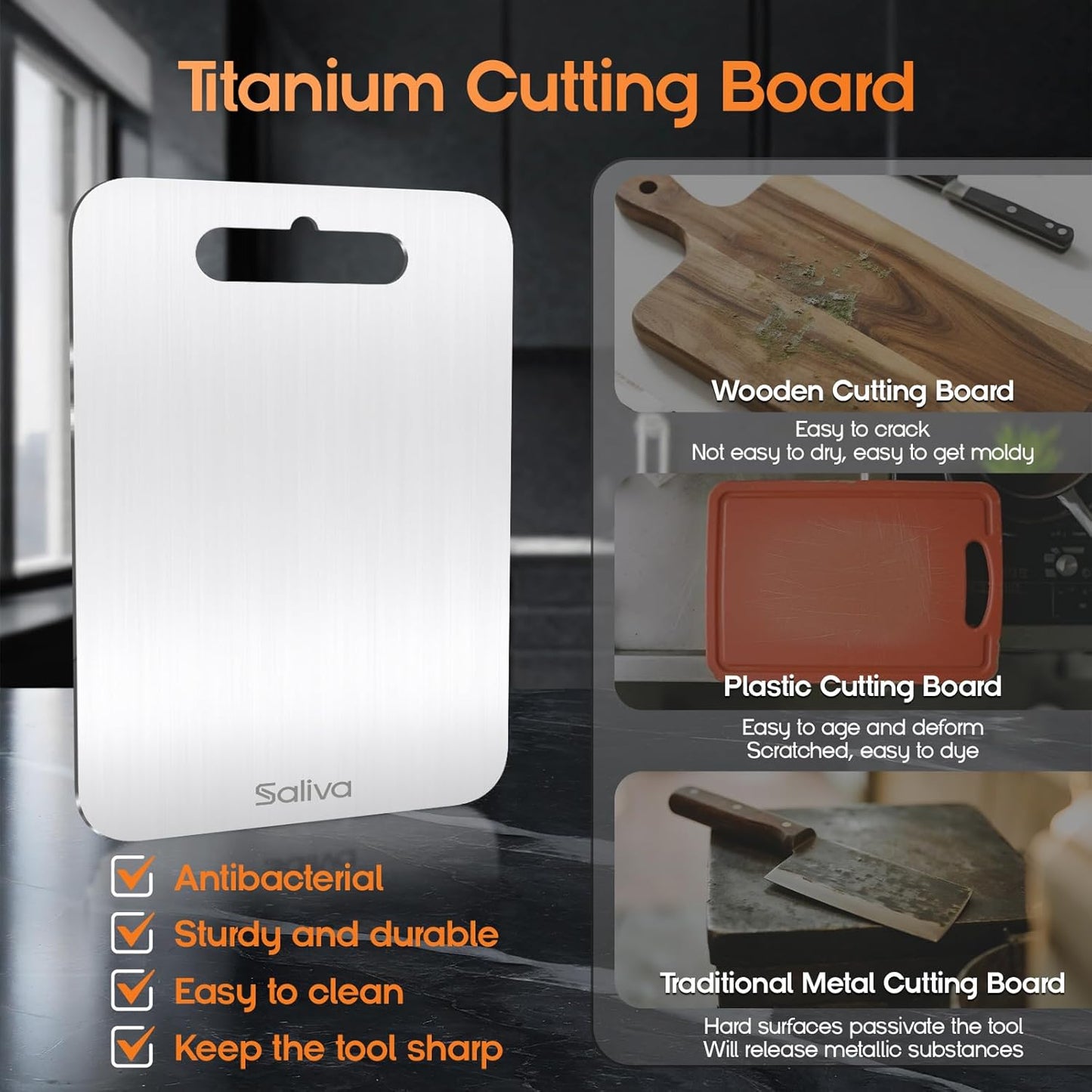 Saliva Titanium Cutting Boards for Kitchen, Cutting Board Double Sided Food Grade, Dishwasher Safe, No Blunt Knife, Chopping Boards with Handle for Meat, Fruit & Vegetable (16x12in)