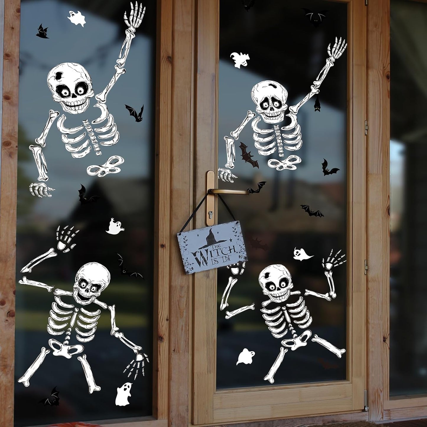 Halloween Window Skeleton Clings – 8 Sheets of Extra Large Cute and Scary Skeletons, Ghosts, and Bats for Home, School, Car Windows, Office, and Party Decor