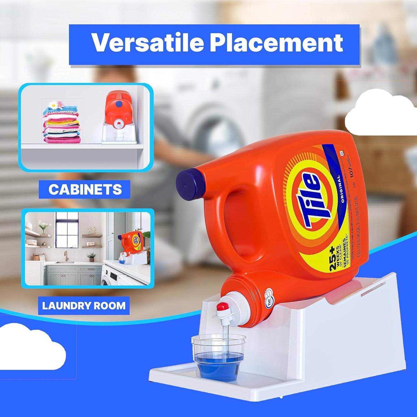 TidyFriend No-Spill Liquid Laundry Detergent Dispenser Holder, Laundry Soap Dispenser Holder with Drip Tray for Laundry Room Organization (No Strap, White)