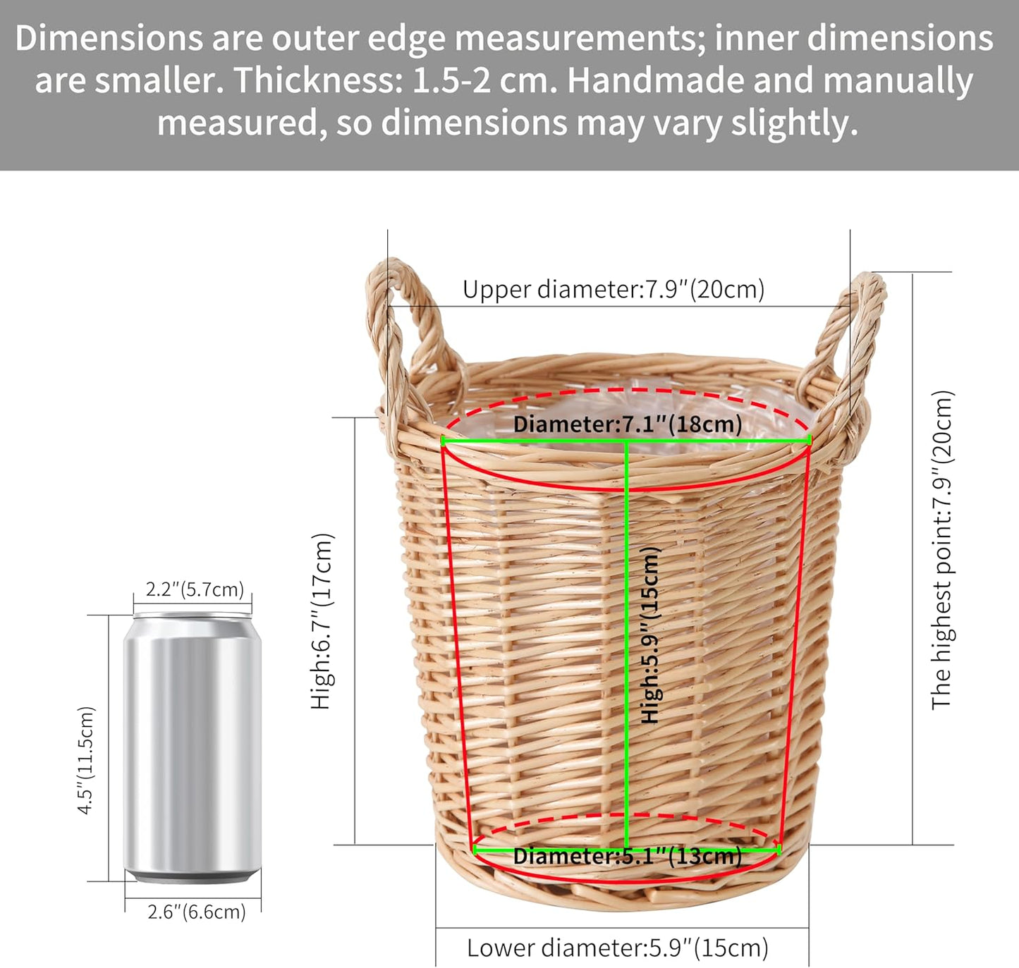 Handwoven Wicker Planter Basket with Waterproof Liner – Natural Yellow Decorative Flower Pot Holder for Indoor Use - Small Size (Inner Top Ø 7", Inner Height 5.9")
