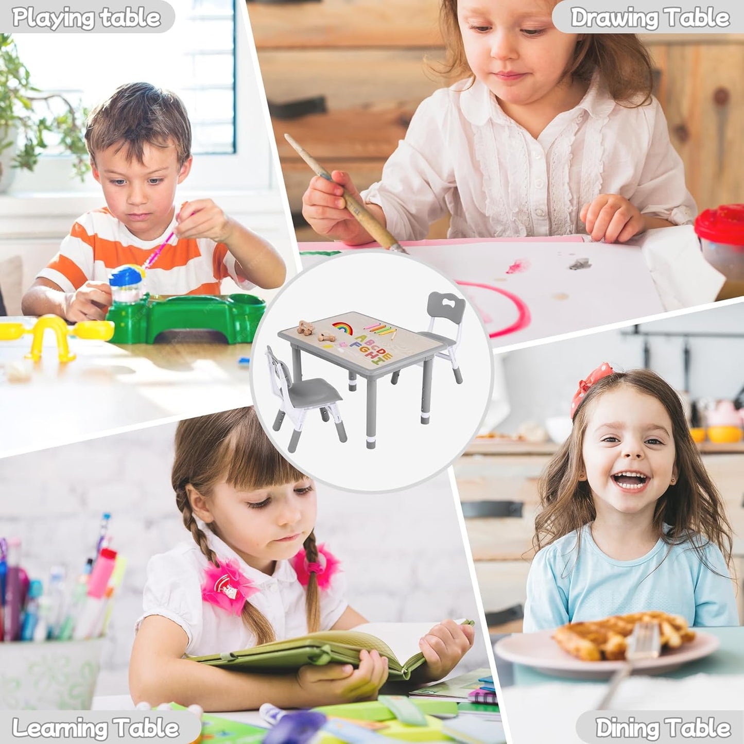 Toddler Table and Chair Set, Height Adjustable-Upgrade Kids Table and 2 Chairs for Ages 3-8, Multi-Activity Toddler Play Table with Graffiti Desktop for Home/Daycare/Classroom