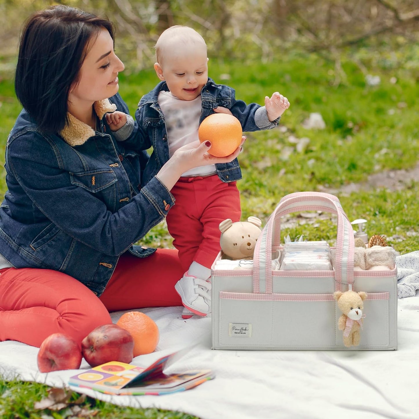 PeraBella XL Diaper Caddy Organizer With Handle, Baby Shower Gifts Basket Bag, Registry Search Must Haves Items, Newborn Girl Boy Nursery Storage Organizer, Baby Bag Essentials, Car Diaper Caddy Cart