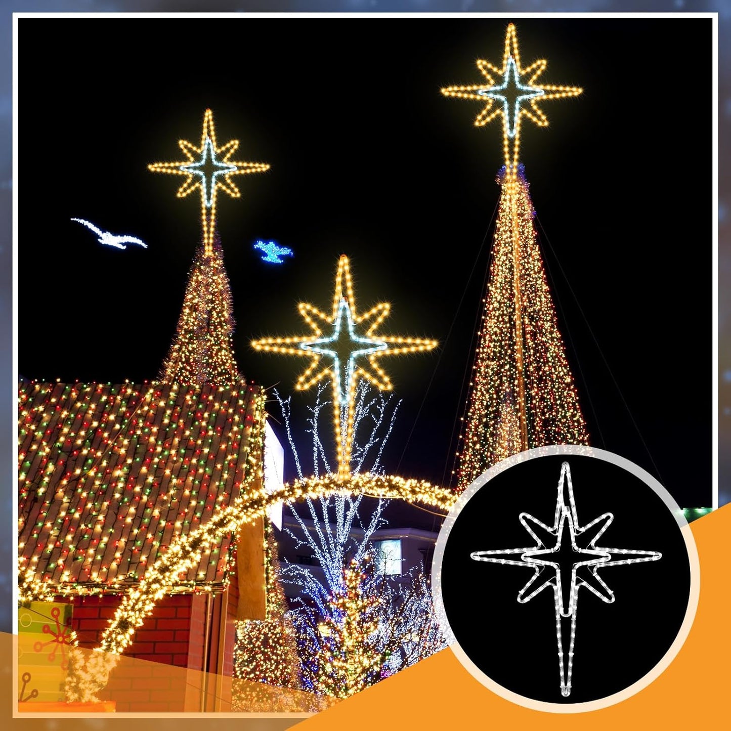 28" Christmas Star of Bethlehem LED Star Hanging Lights Nativity Holy Family Light for Door Window Porch Wall Decoration Plug Operated Lighted Hanging Tree Topper(White, Warm Light)