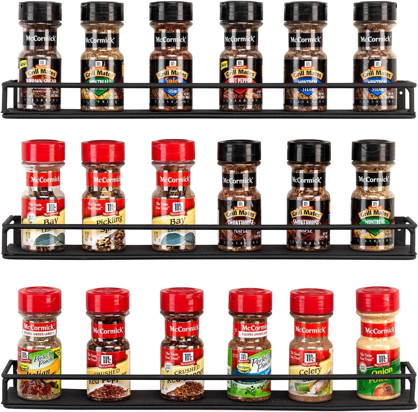 MyGift Set of 3 Wall-Mounted Black Metal Nail Polish and Essential Oils Display Shelves, Kitchen Spice Jars Rack