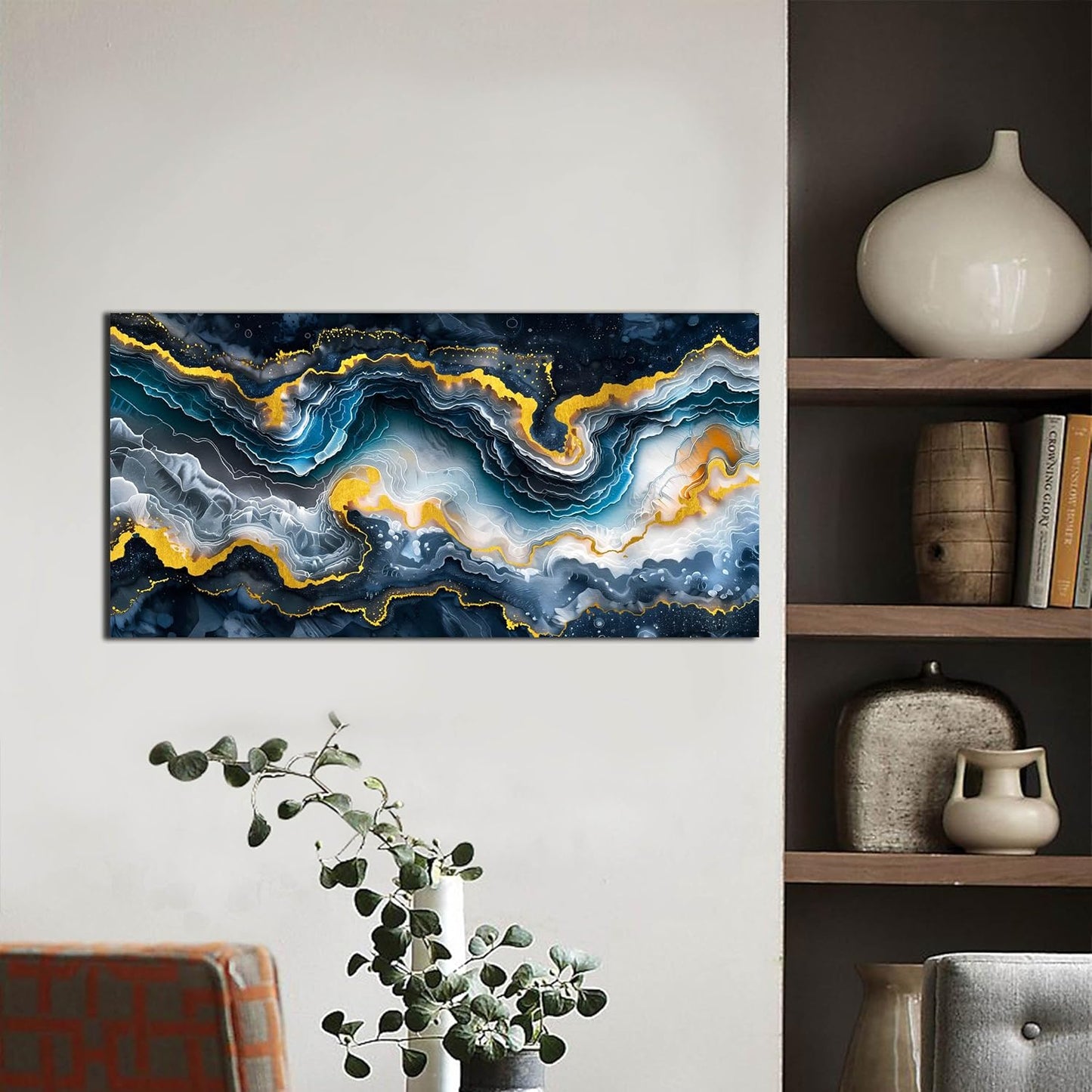 GUGIKA Abstract Wall Art for Living Room, Gold Black and Blue Canvas Wall-Art for Bedroom, Ocean Landscape Print Paintings, Size 40x20 Inches