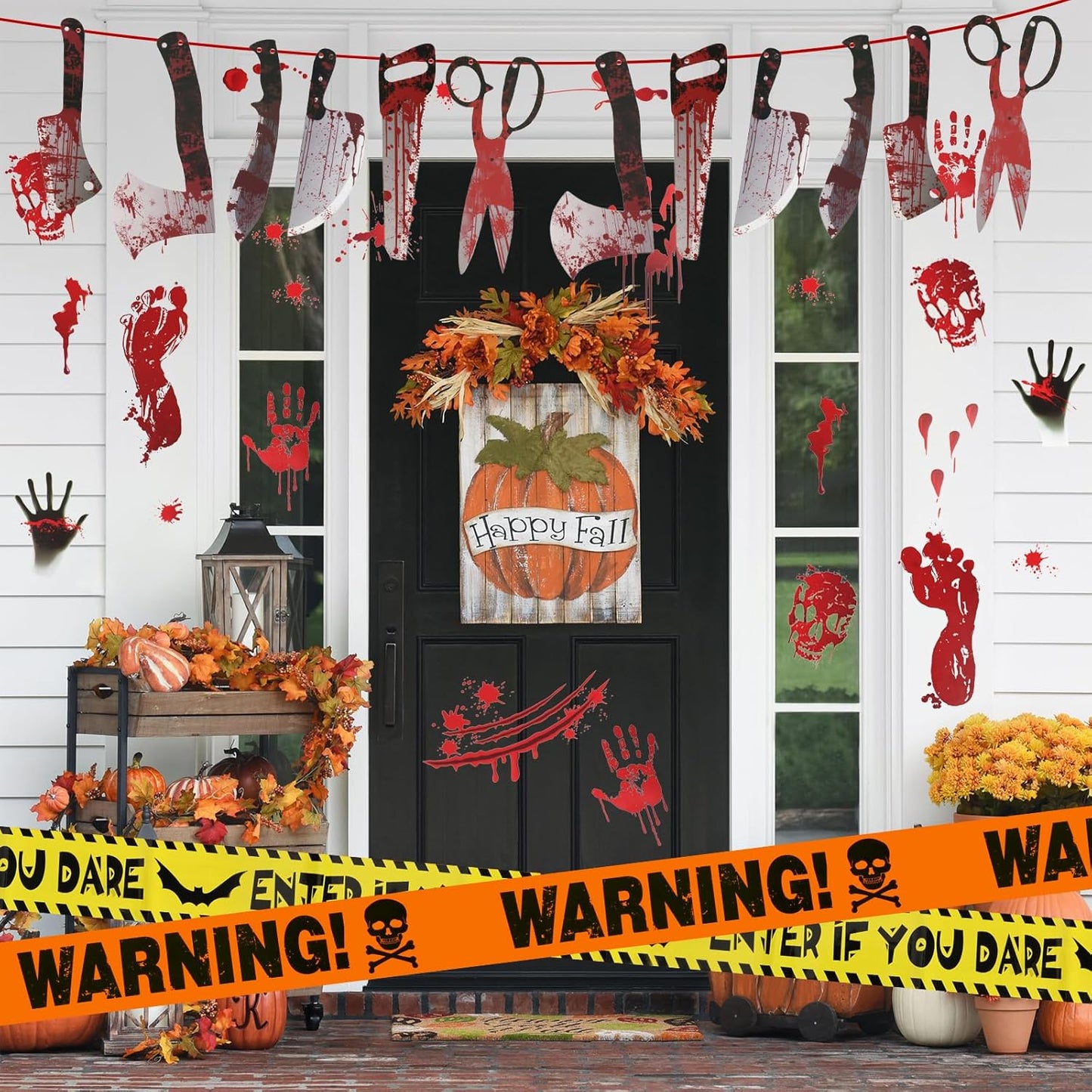 Halloween Decorations, 5 Sheets Wall Decals-Bloody Handprint Stickers, 2 Pack Halloween Banners and 2 PCS Caution Tape Rolls 3inx30ft for Party Decor, Outdoor, Indoor, Haunted Mansion