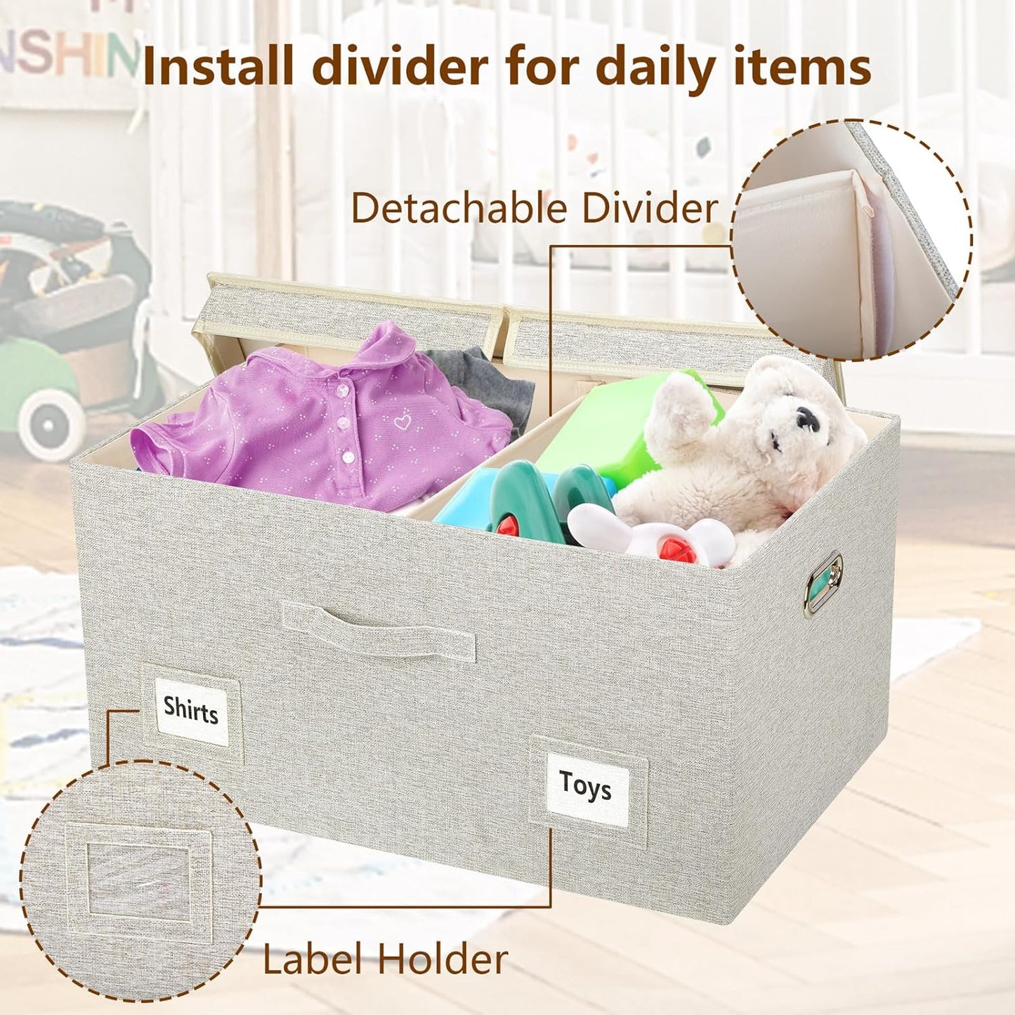 75 Quarts Extra Large Decorative Storage Bins with Lids, 3 Packs Beige Collapsible Storage Bins with Lids, Stackable Storage Bins Decorative Box Storage With Lid Extra Large