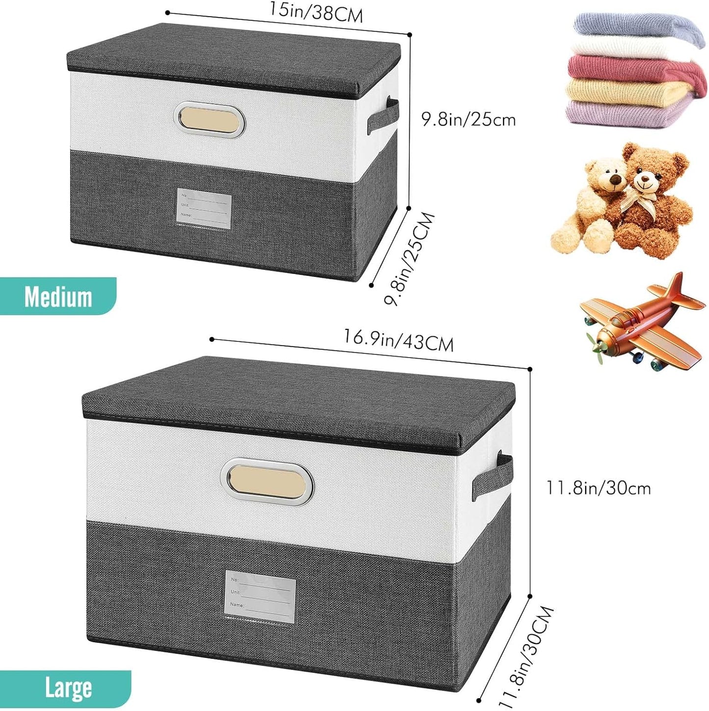 Large Linen Fabric Foldable Storage Bins with Removable Lid and Handles, Washable Storage Box Organizer Containers Baskets Cube with Cover for Bedroom,Office (Turquoise&Cream, Large(2-Pack))