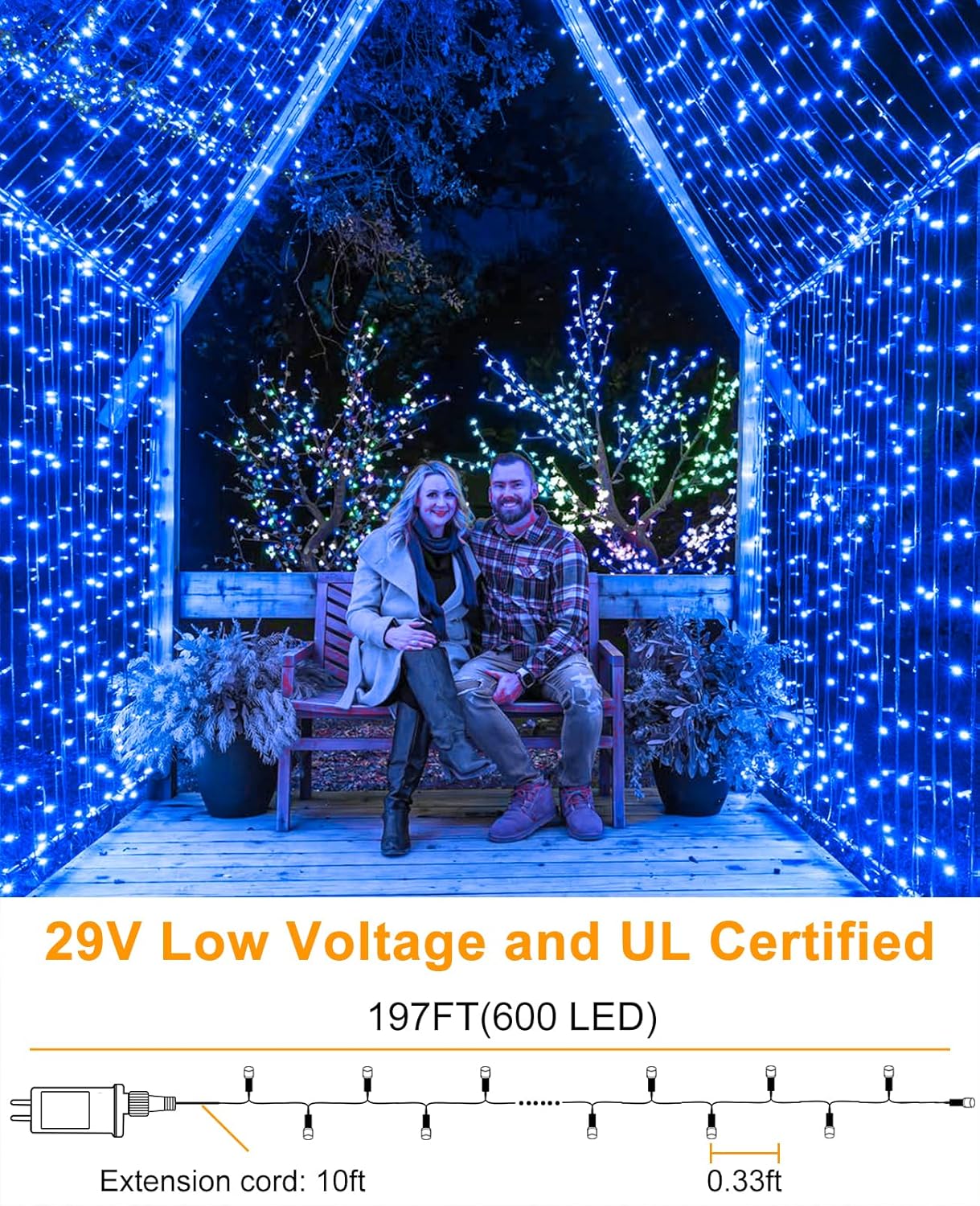 197FT 600 LED Christmas Lights Outdoor, Plug in Christmas Tree Lights 8 Modes, Waterproof String Twinkle Lights for Indoor House Patio Garden Party Wedding Holiday Decorations, Blue