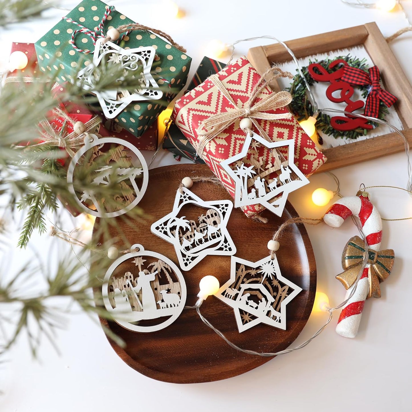 18Pcs Nativity Christmas Tree Ornaments Set, Wooden Nativity Scene Ornament, Religious Gift for Christian Family Christmas Decoration