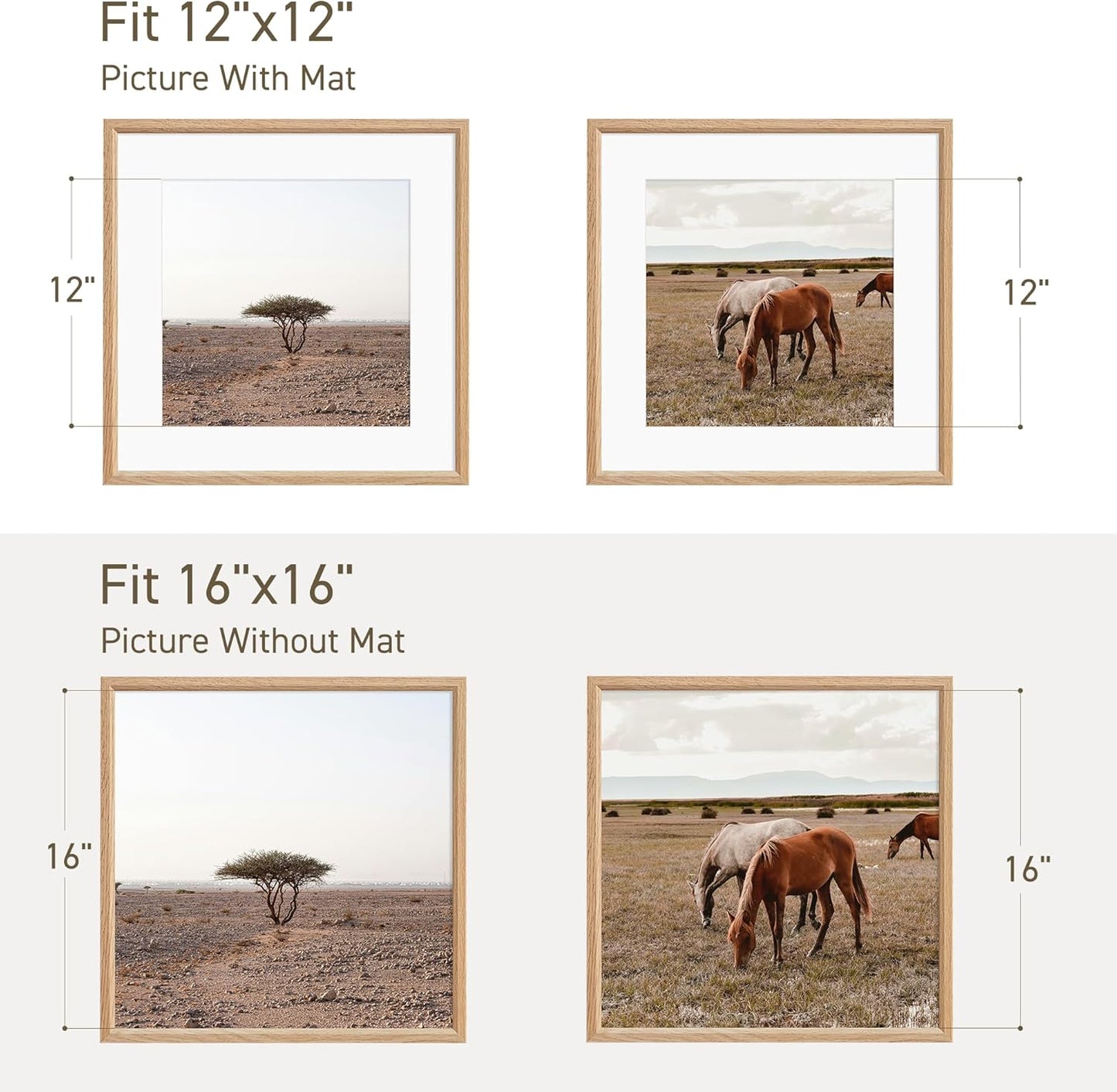 16x16 Picture Frame Set of 4 Natural Solid Oak Photo Frames with 12x12 Removable Mat Wall Hanging Large Handcrafted Frame with HD Plexiglass Wall and Tabletop Display Large Poster Frame