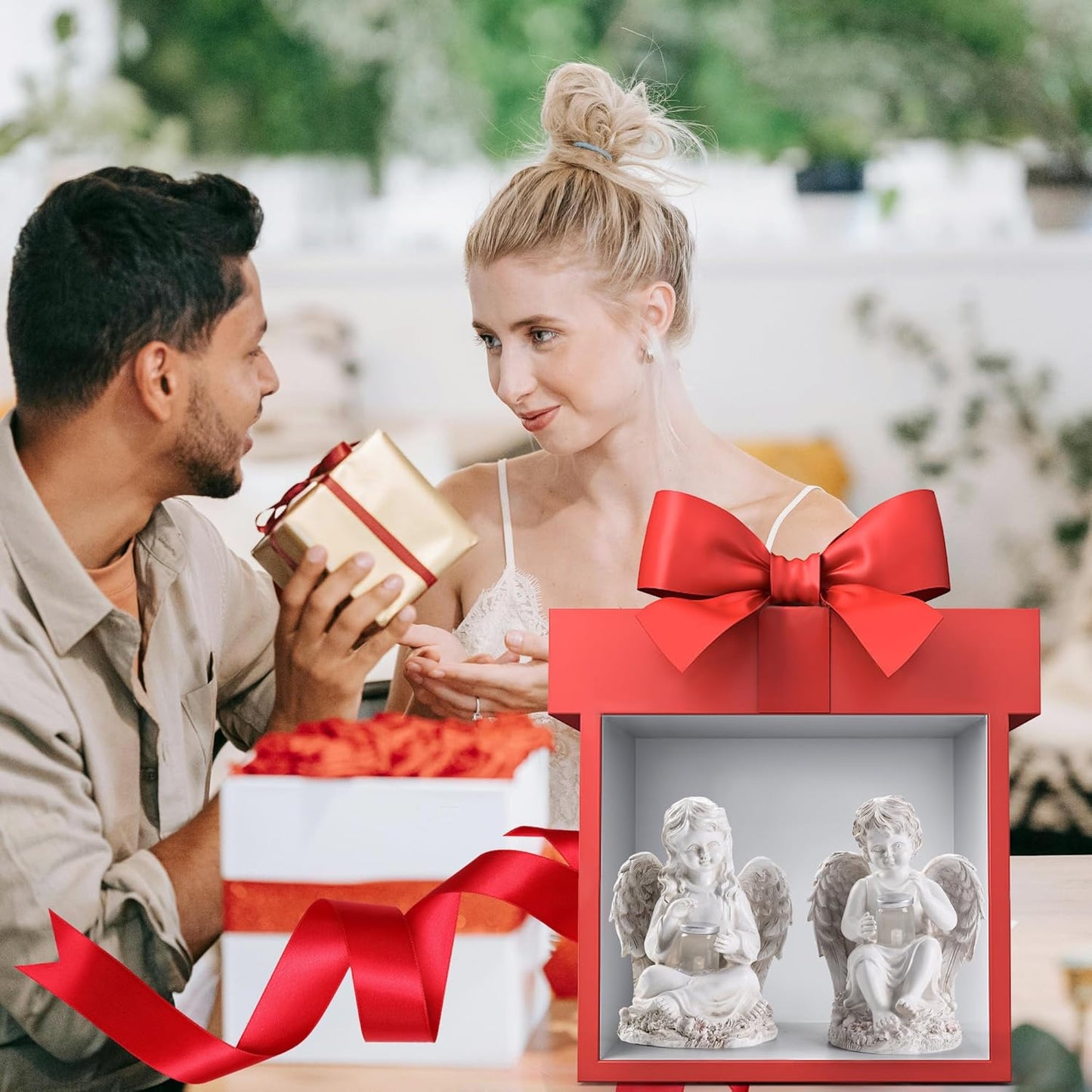 2 Pack Outdoor Angel Statue Garden Decor, Classic Solar Angel Figurine Decoration for Yard Art Indoor Porch Home Lawn Outside Light up Cherub Sculpture Guardian Wings Memorial Gifts