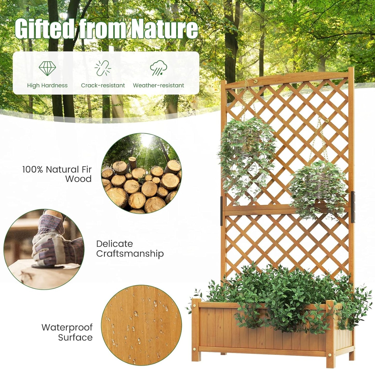 HAPPYGRILL 2 Pcs Raised Garden Bed, 71" Garden Planter with Trellis, Drainage Holes, Freestanding Garden Planter for Vine Climbing Plants, Wooden Planter Box for Yard Balcony (Yellow)