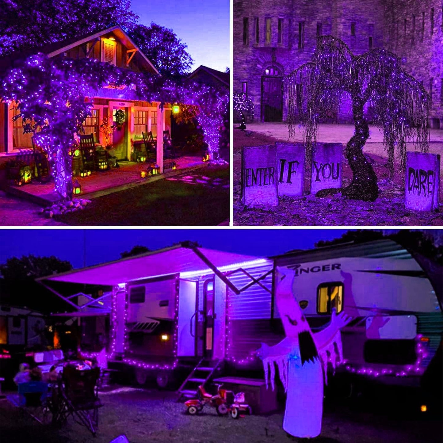 Halloween Solar String Lights, Extra-Long 2 Pack 144FT 400LED Super Bright Solar Fairy Lights Outdoor, 8 Modes Waterproof Copper Wire Twinkle light for Garden Tree Party Halloween Decorations (Purple)