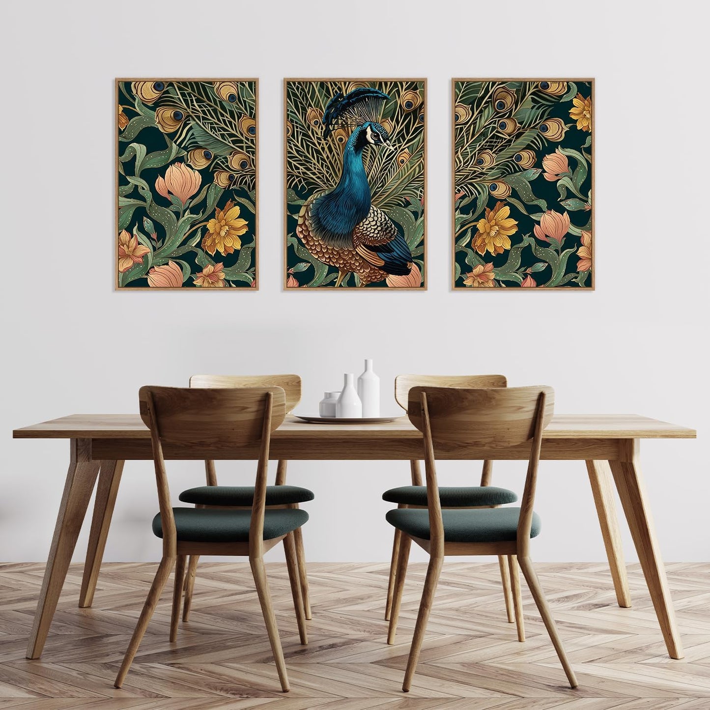 HLNIUC Peacock Framed Canvas Wall Art,Large Peacock Flower Wall Decor Set of 3(16”x24”)Modern Elegance Peacocks Floral Framed Painting,Vintage Beautiful Animal Feather Art Print for Living Room,Office