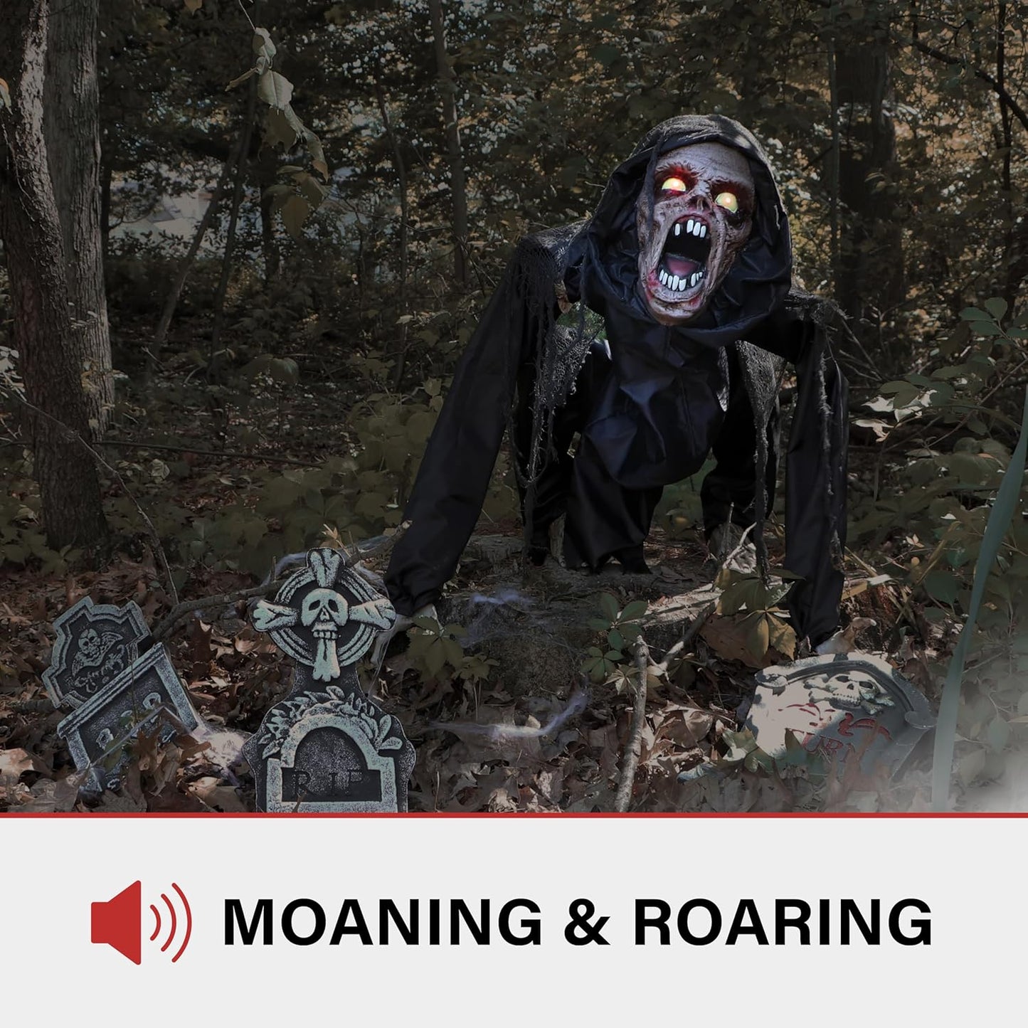 Haunted Hill Farm Scary Crouching Zombie, Halloween Animatronic with Touch Activated Lights and Sounds, Battery Operated Indoor or Covered Outdoor Halloween Decorations, Creepy Halloween Props