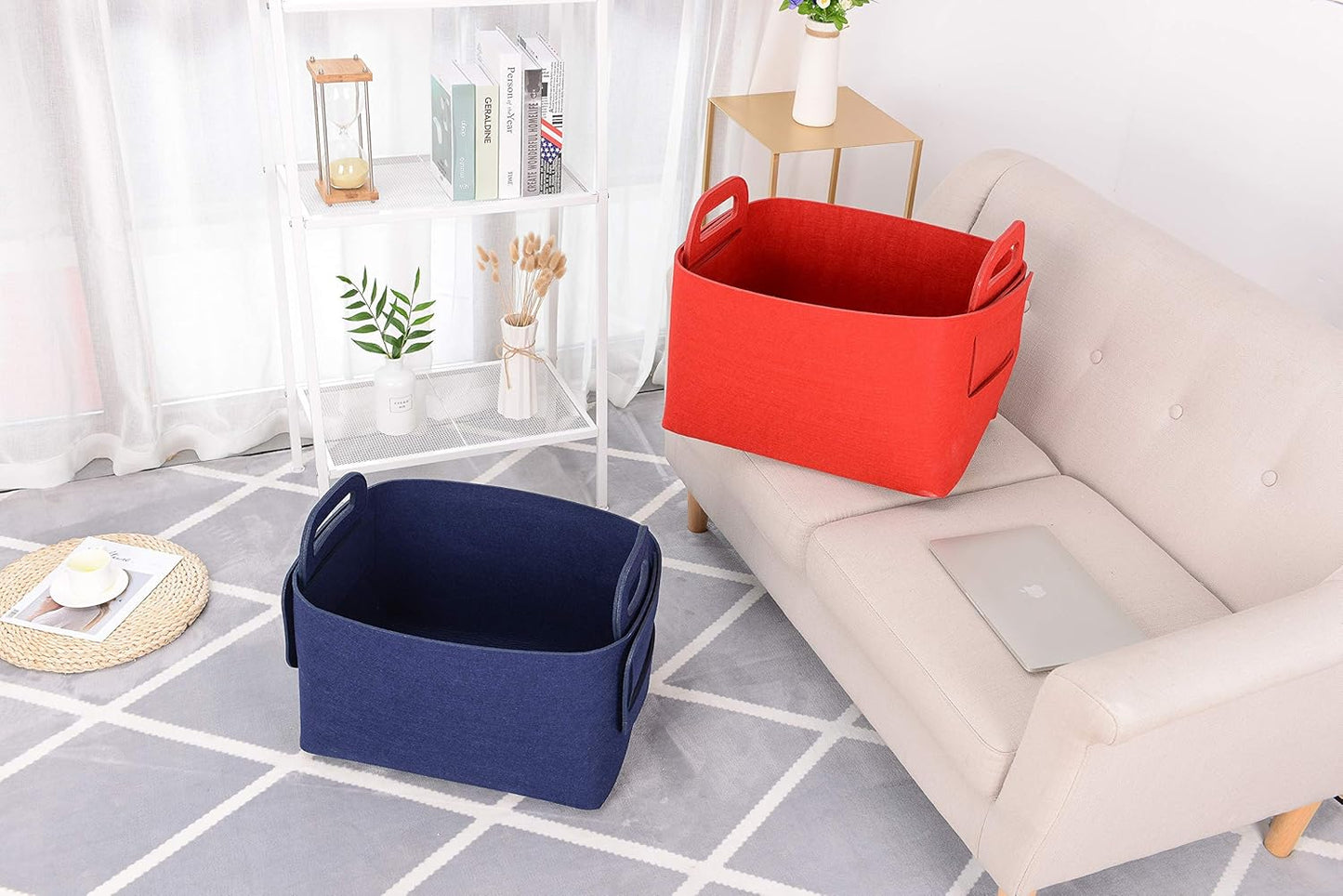 Minoisome Storage Basket Felt Storage Bin Collapsible& Convenient Box Organizer with Carry Handles for Office Bedroom Closet Babies Nursery Toys Laundry (Navy Blue, 13.8inch(L)×9.5inch(W)×8.3inch(H))
