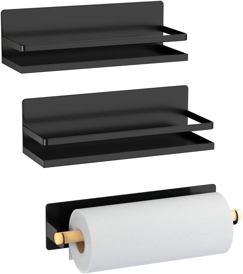 Magnetic Spice Rack Holder Paper Towel Holder with Hook for Refrigerator Fridge Organizer for Kitchen, Space Saver Container for Kitchen/Apartment, Drill Free, Black，3 Packs