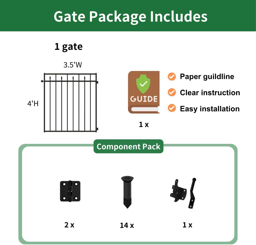 Heavy-Duty Metal Gate, 3.5' W x 4' H, Rustproof Wrought Iron Outdoor Gate for Backyard, Garden & Doorway, Easy to Install with Stainless Steel Hinges & Self-Locking Latch
