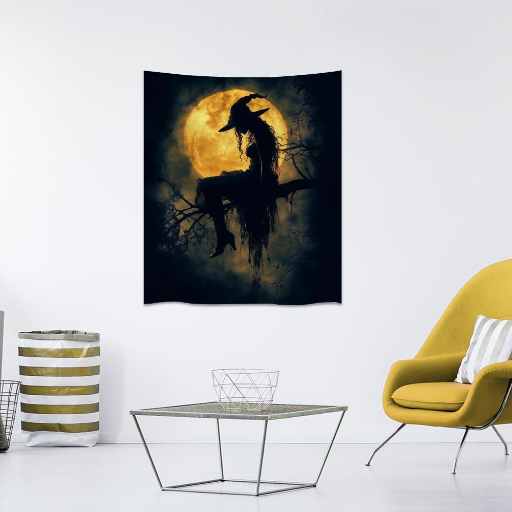 Halloween Witch Tapestry Wall Art Witchcore Moon Aesthetic Print Dark Academia Gothic Tapestries Wall Hanging Horror Ghost Halloween Party Decor for Home Living Room Bedroom 30x40inch