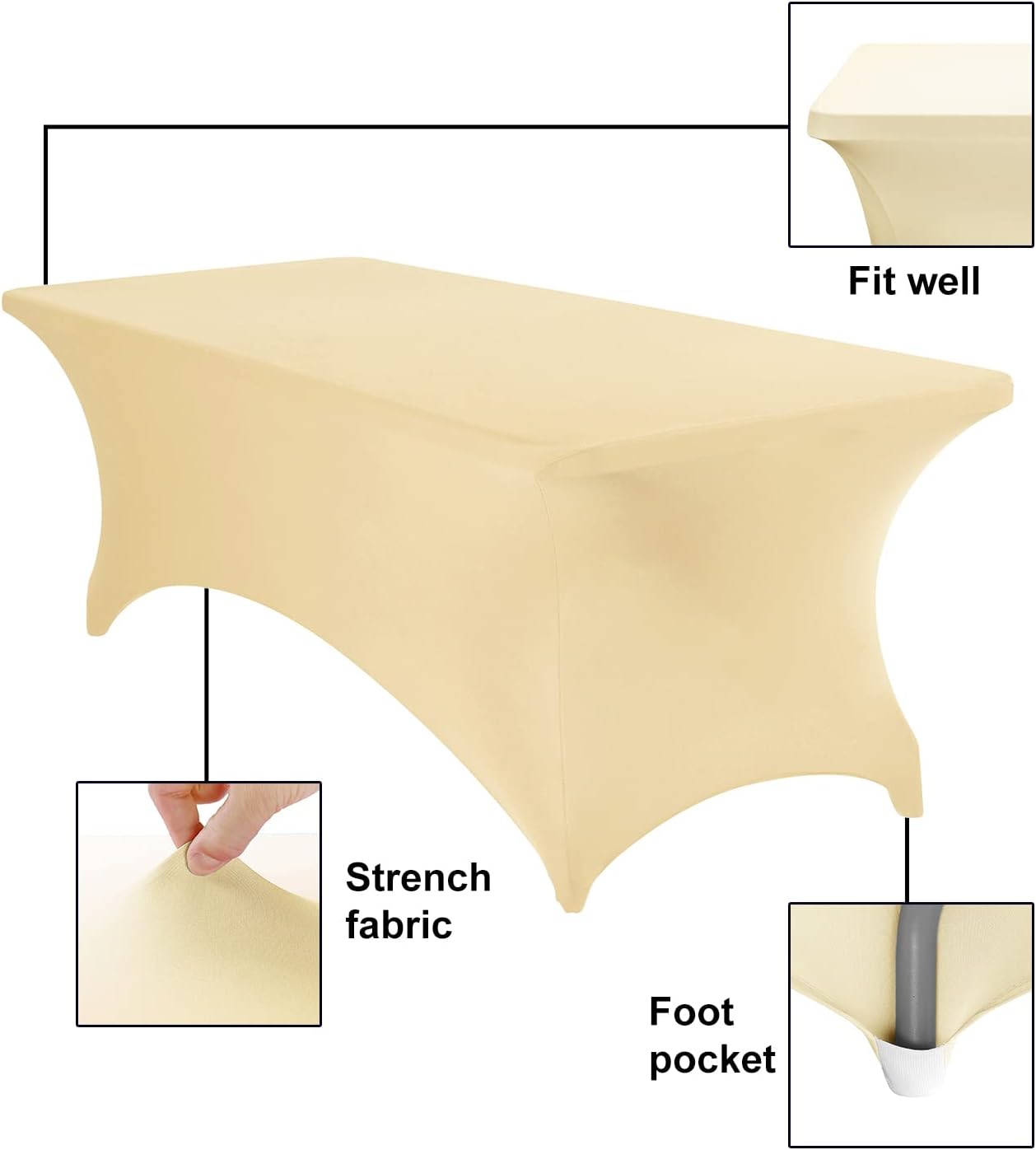 2Pack Spandex Waterproof Table Covers 8ft，Spandex 8ft Waterproof Table Cover for Party,Wedding, Banquet, and Events(Champagne)