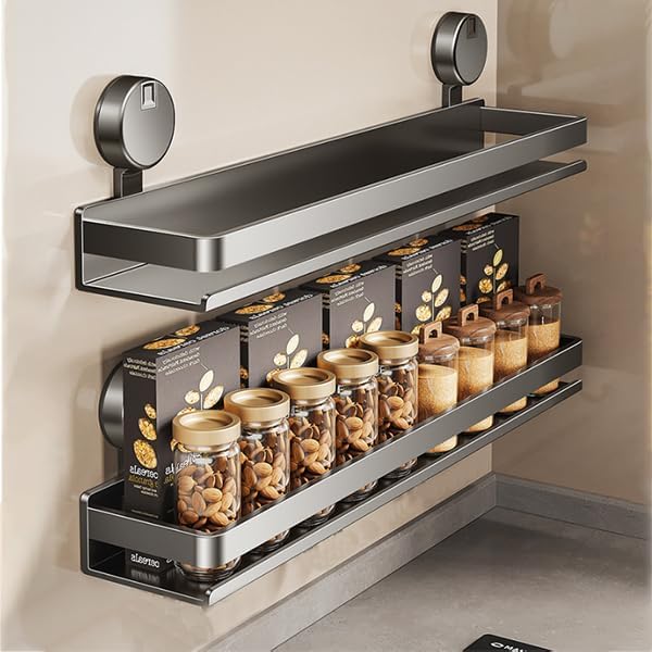 Spice Rack Wall Mounted 2 Pack,Suction Cups Spice Organizer for Cabinet,Large Capacity Metal Spice Shelf for Kitchen Cabinet, Pantry Doors, Bathroom, Shower, Home Decor (15.7 inch)