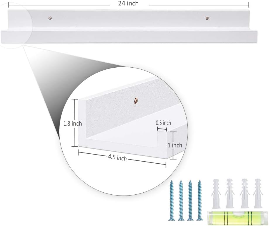 AZSKY White Floating Shelves Wall Mounted Set of 2, 24 Inch Picture Ledge Shelf for Storage Bedroom Bathroom Kitchen Living Room Office Modern Rustic Style Display Shelves (Solid Pine Wood)