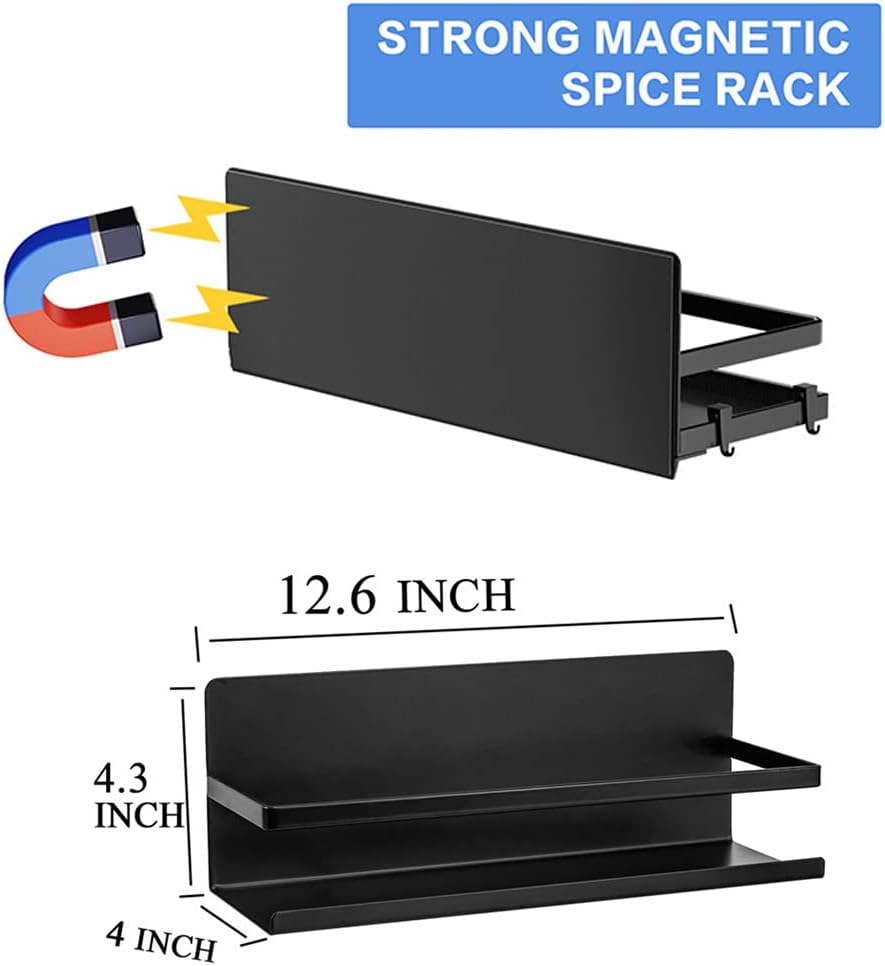 Magnetic Spice Rack for Refrigerator,Magnetic Shelf Fridge Organizer for Kitchen, Space Saver Container for Kitchen/Apartment, Drill Free, Black 2 Pack