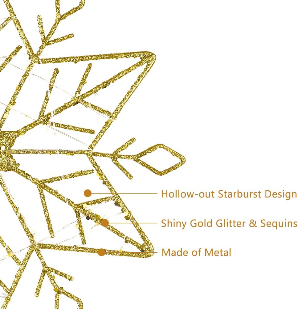 hogardeck Christmas Tree Topper, 10 Inches Lighted Gold Snow Tree Topper, 20 LED Lights Gold Glitter Powder Snowflake Tree Toppers Christmas Decorations, Battery Powered Timer Xmas Treetop Star Decor