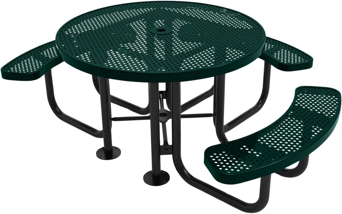 Heavy-Duty Portable Outdoor Picnic Table with Umbrella Hole, Punched Steel Patio Dining Furniture Made in America (46" Round Top, Dark Green)