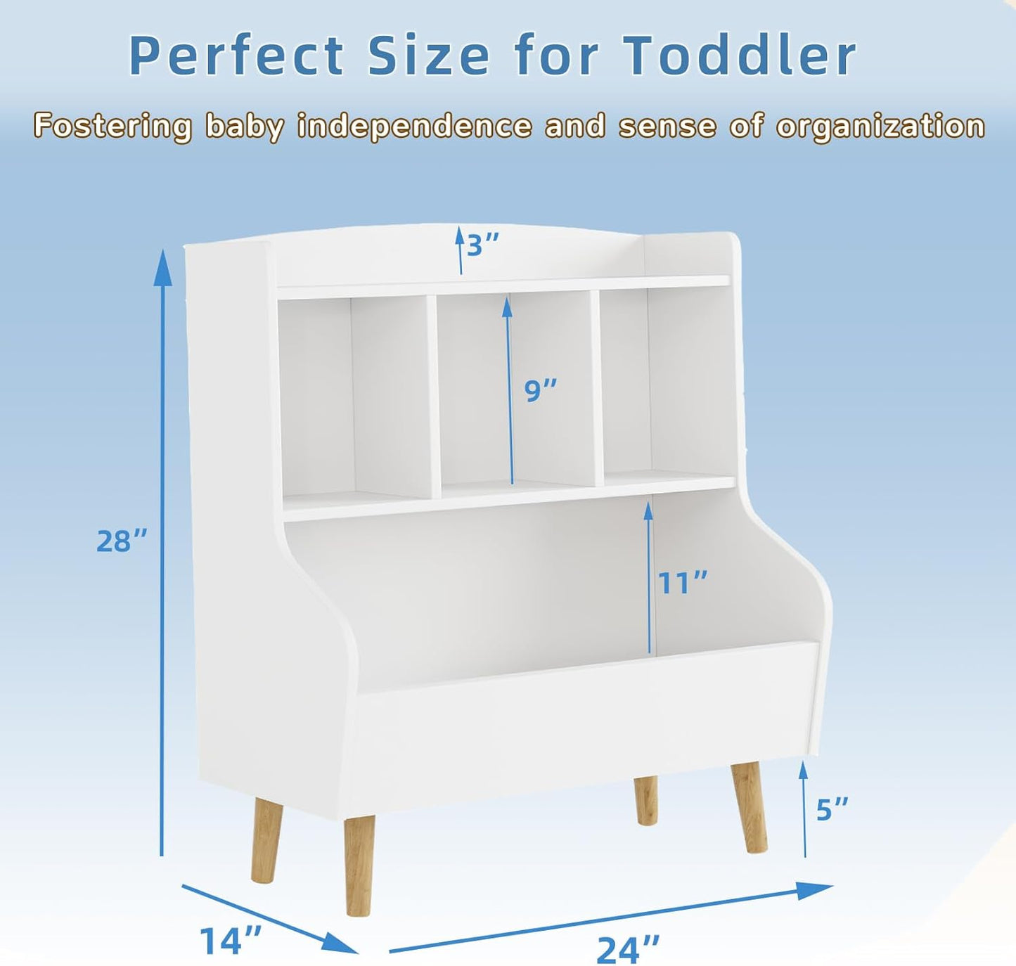 Kids Bookshelf and Toy Storage, 4-Cubby Toy Storage Organizer with Bookcase, Wood Kid Storage Cubby, 24"L x 14"D x 28"H Montessori Toy Shelf, Toddler Book Shelf for Kids Room Nursery Playroom